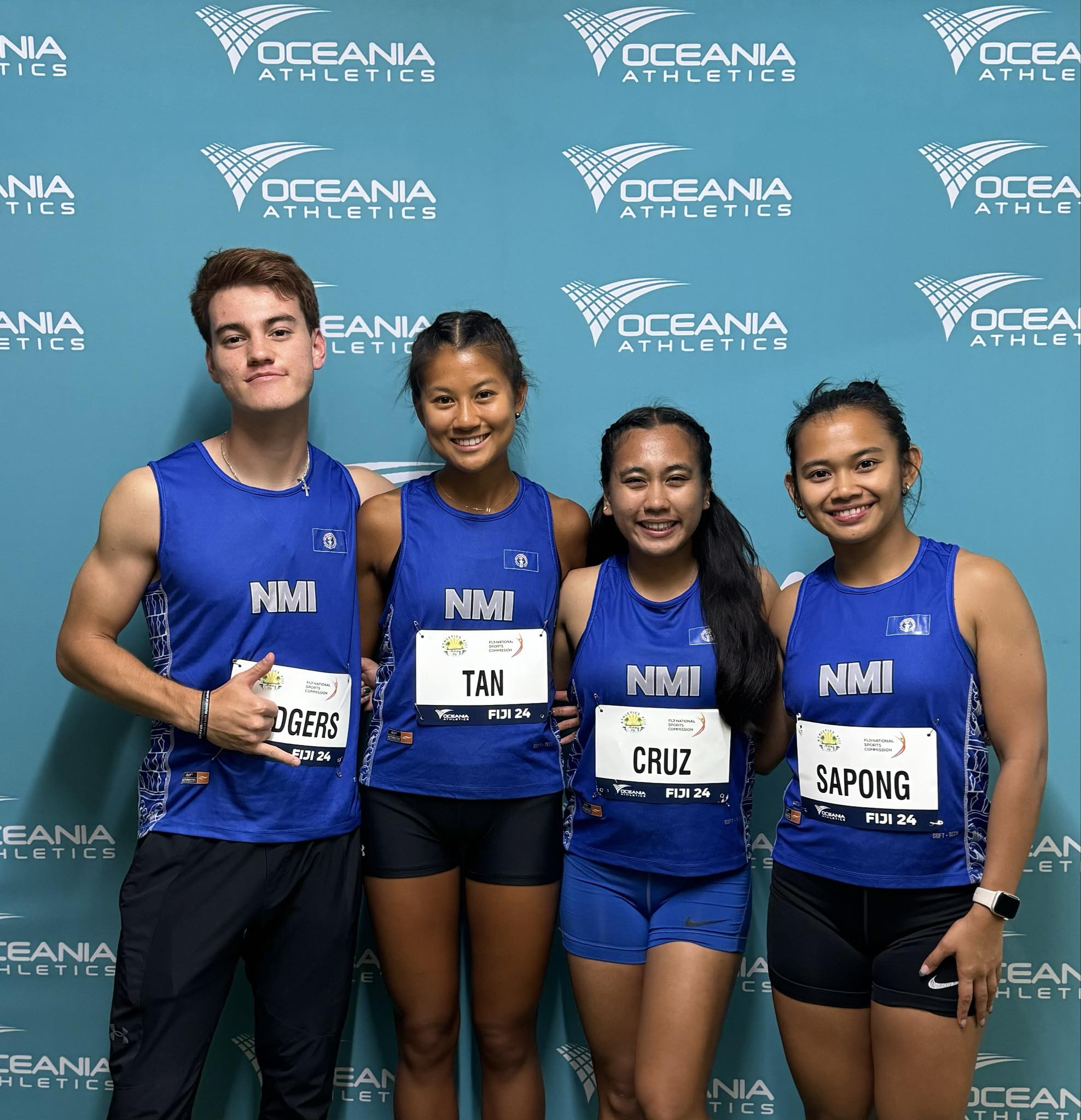 Team NMI's Theodore Rodgers, Tania Tan, Casey Cruz and Zarinae Sapong pose for a photo at the Oceania Athletics Championships 2024 in Suva, Fiji on Tuesday.