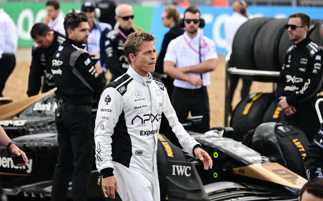 Actor Brad Pitt during the filming of an F1-inspired movie at Silverstone Circuit in Silverstone, Britain, July 9, 2023.