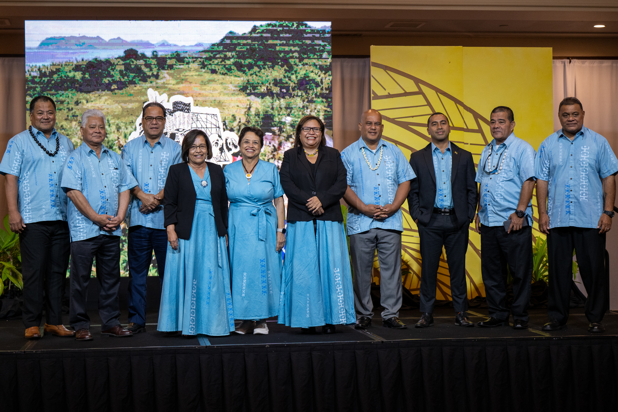 The chief executives and other officials of the Micronesian island nations and territories pose for a photo.