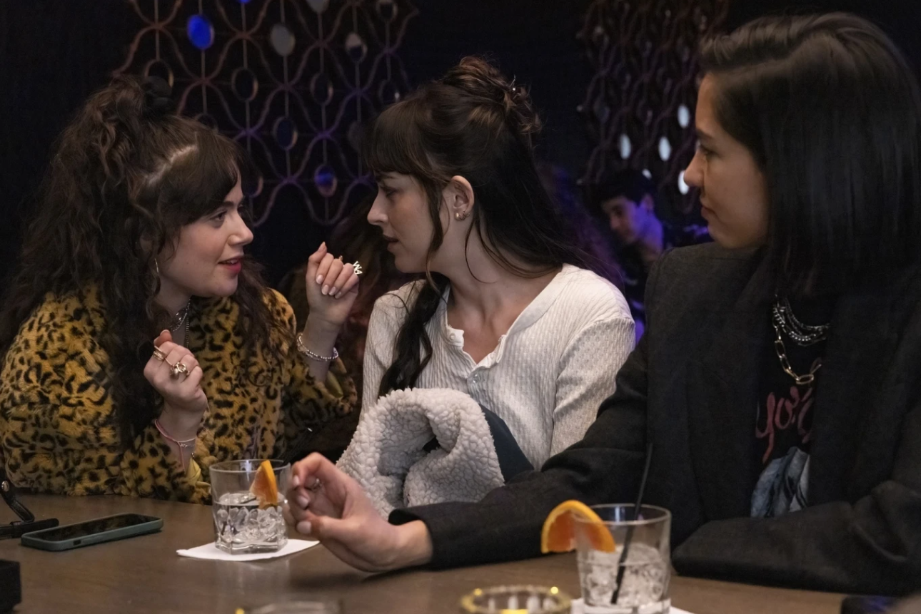 Molly Gordon, from left, Dakota Johnson and Sonoya Mizuno in a scene from “Am I OK?”