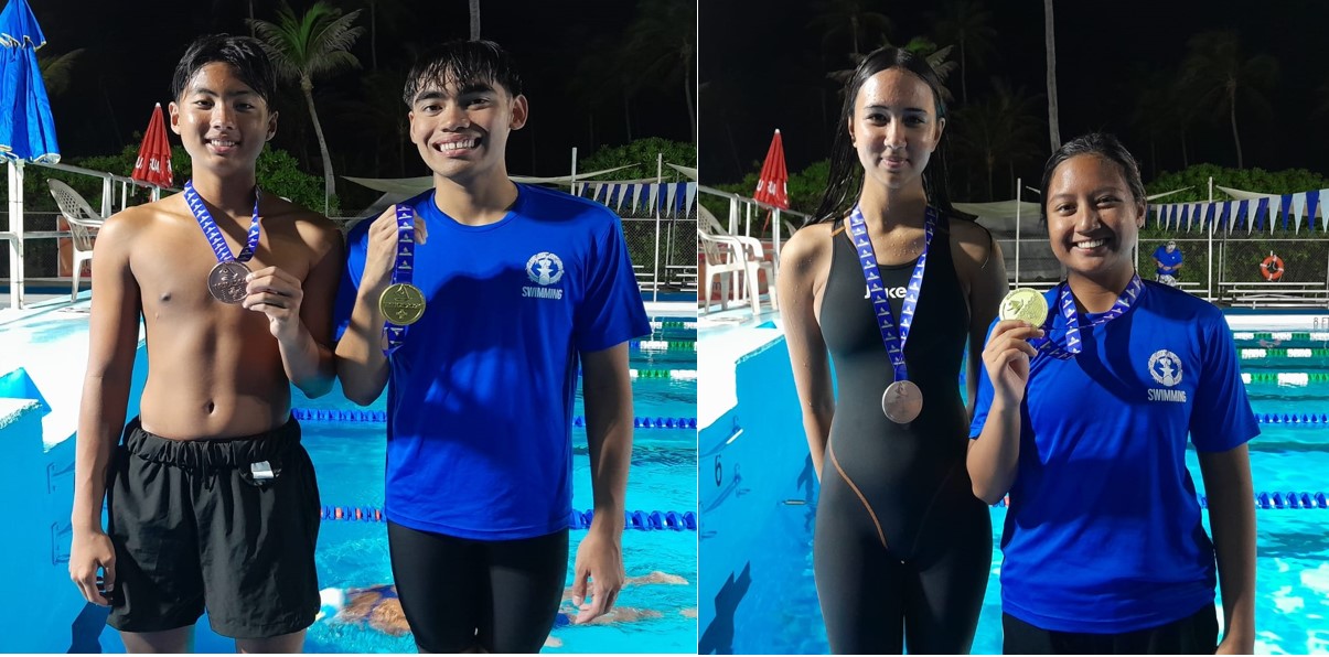 From left, Justin Ma, Kean Pajarillaga, Frances Raho, and Maria Batallones proudly show the medals they won in the 1,650yd freestyle event in the 2024 Micronesian Games at the Kwajalein Pool in the Marshall Islands, Sunday.
