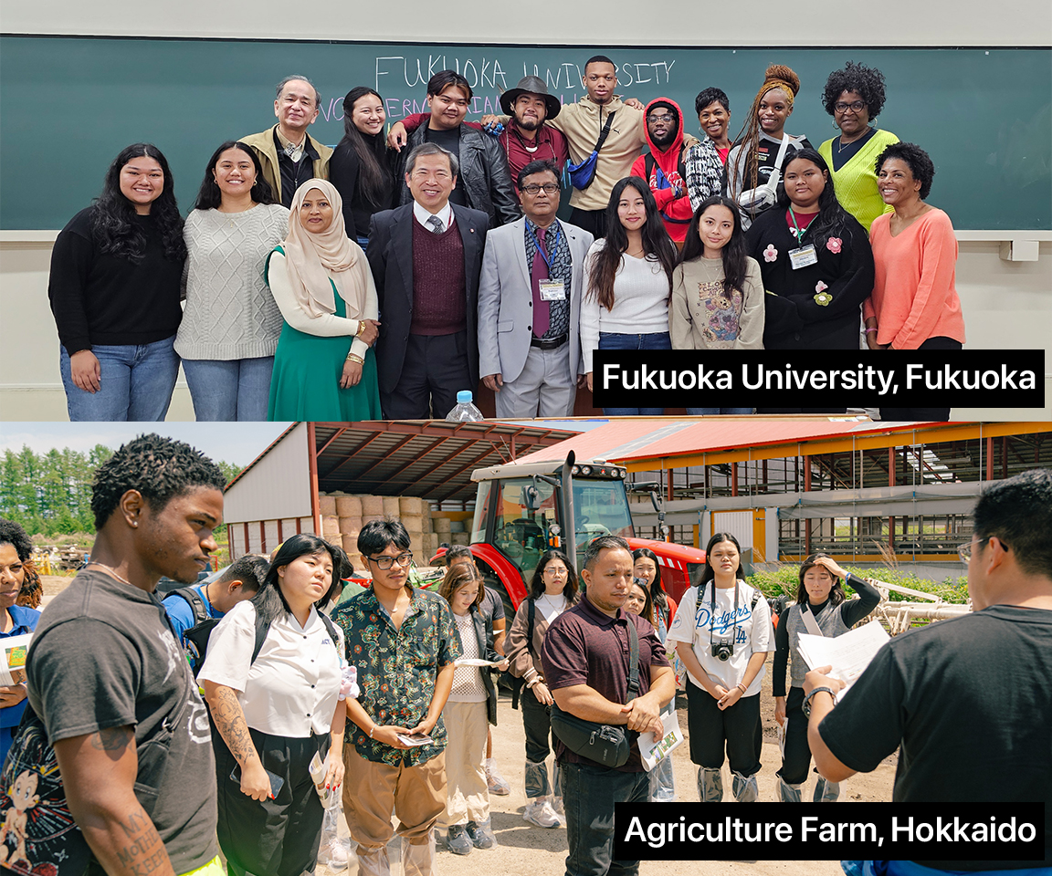 Students and chaperones from the Northern Marianas College, University of Guam, and Tennessee State University gather for a group photo at Fukuoka University, Fukuoka, Japan, top. NextGen students intently listen to a facility tour guide at Calbee Company, Hokkaido, Japan, bottom.