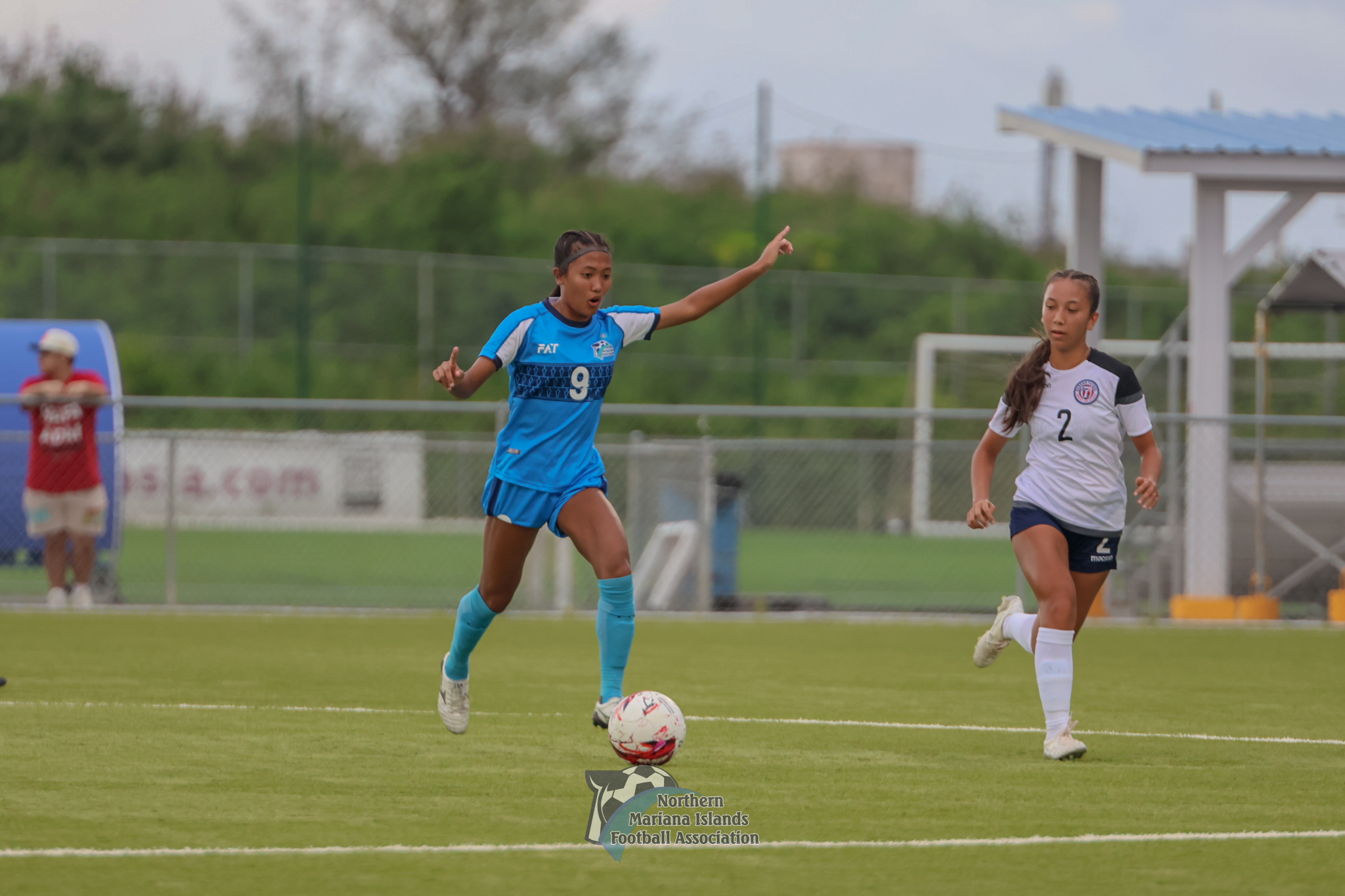The NMI's Kaithlyn Chavez sets up the play against Guam during a match in the NMIFA U21 Women's Three Nations Cup 2024 at the NMI Soccer Training Center in Koblerville on Thursday.