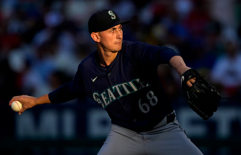 George Kirby #68 of the Seattle Mariners delivers to the plate in the second inning against the Los Angeles Angels at Angel Stadium in Anaheim, California, July 13, 2024. 
