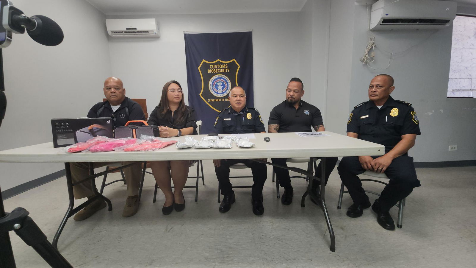 Department of Public Safety Commissioner Anthony Macaranas, Finance Secretary Tracy Norita, Customs Director Jose Mafnas, Corrections Commissioner Anthony Torres and Customs Col. Jesse Atalig conduct a press conference on Tuesday afternoon.
