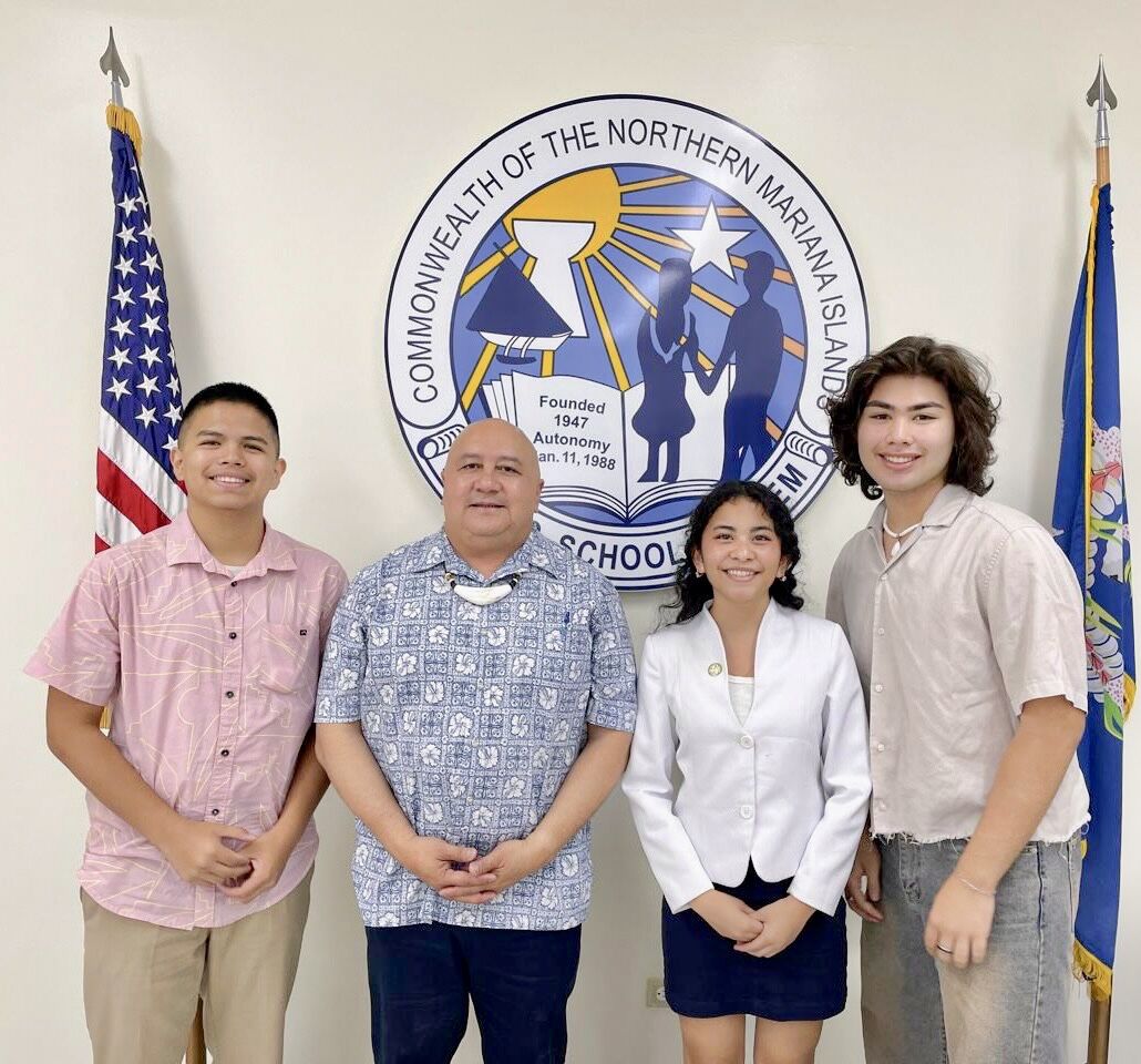 Youth Speaker Vinnie Juan Q. Sablan of Kagman High School, Youth Senator Ayden Sean C. Yumul of Grace Christian Academy and Youth Senator Soledad Maria Tudela Sablan of Saipan International School met with Commissioner of Education Dr. Lawrence F. Camacho on Tuesday morning to follow up on their initial discussion on April 20. The youth senators want to work with the Public School System in improving its Chamorro and Carolinian Language and Heritage Studies Program.