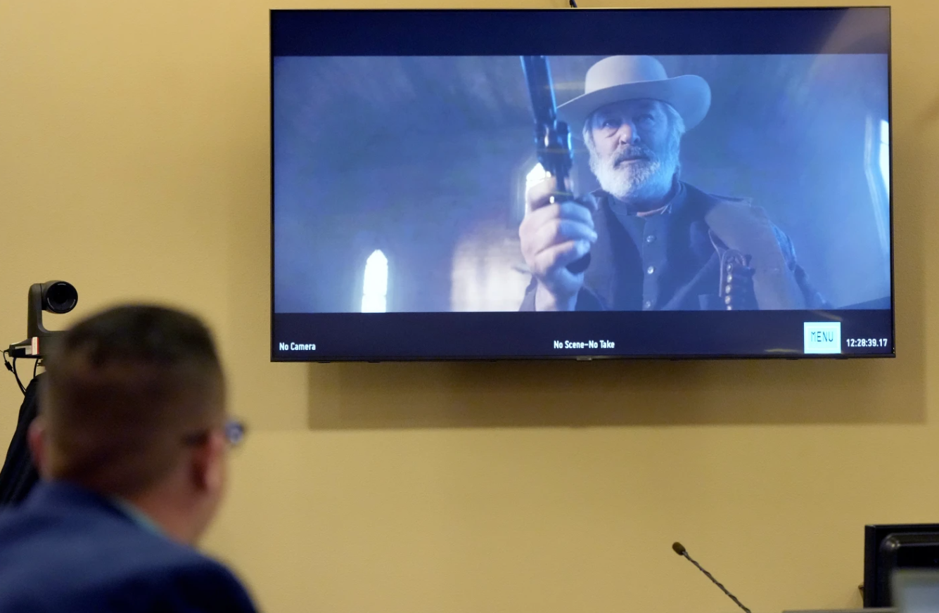 A video showing actor Alec Baldwin is viewed during a hearing in Sante Fe County District Court, Wednesday, July 10, 2024.