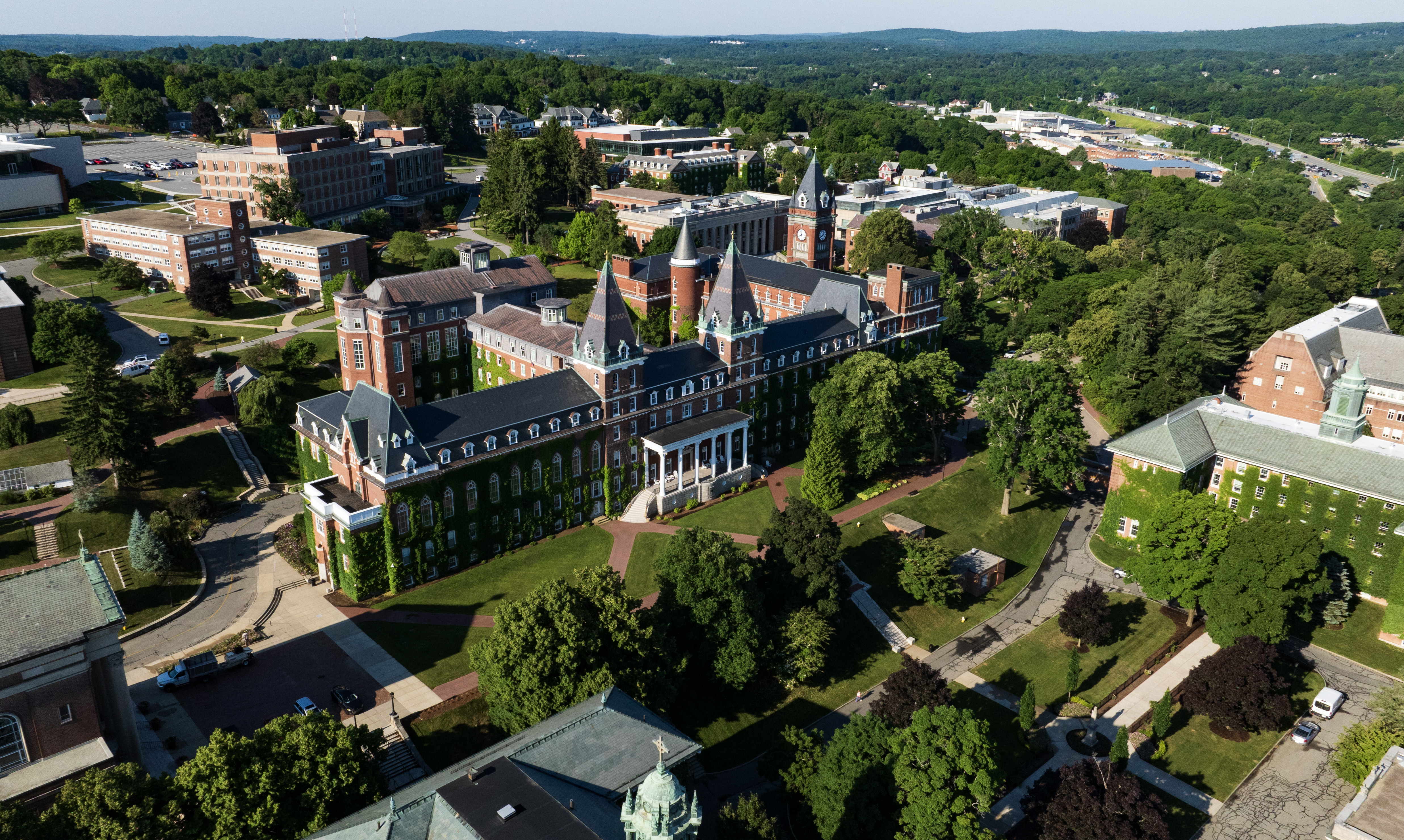 Aerial drone image taken at the College of the Holy Cross.