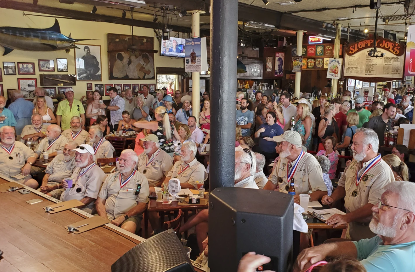 Former Hemingway look-alike contest winners prepare to judge the 2024 contest at Sloppy Joe’s Bar in Key West, Florida on Thursday, July 18, 2024.