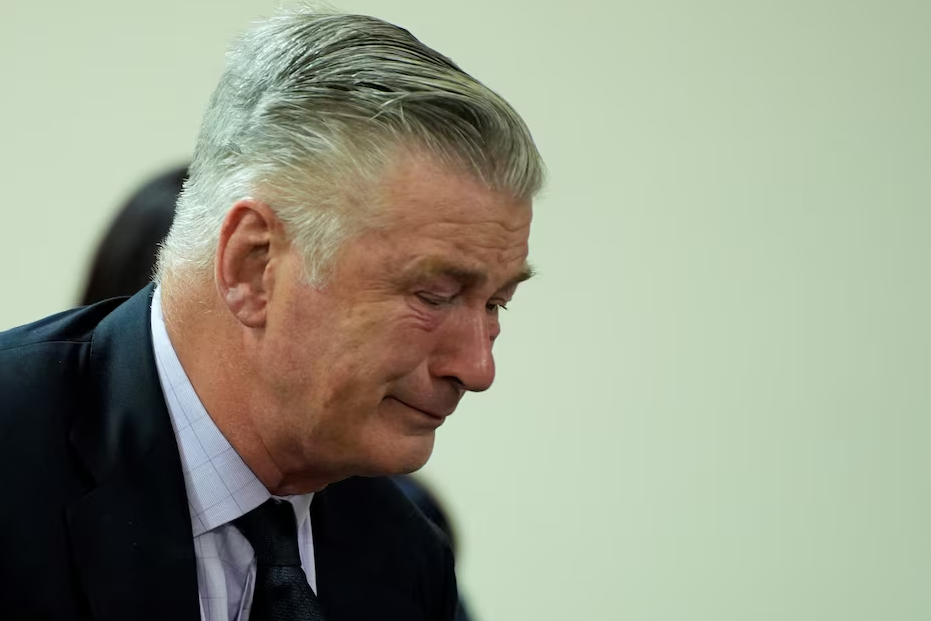 Actor Alec Baldwin reacts during his trial on involuntary manslaughter at Santa Fe County District Court in Santa Fe, New Mexico, on July 12, 2024.