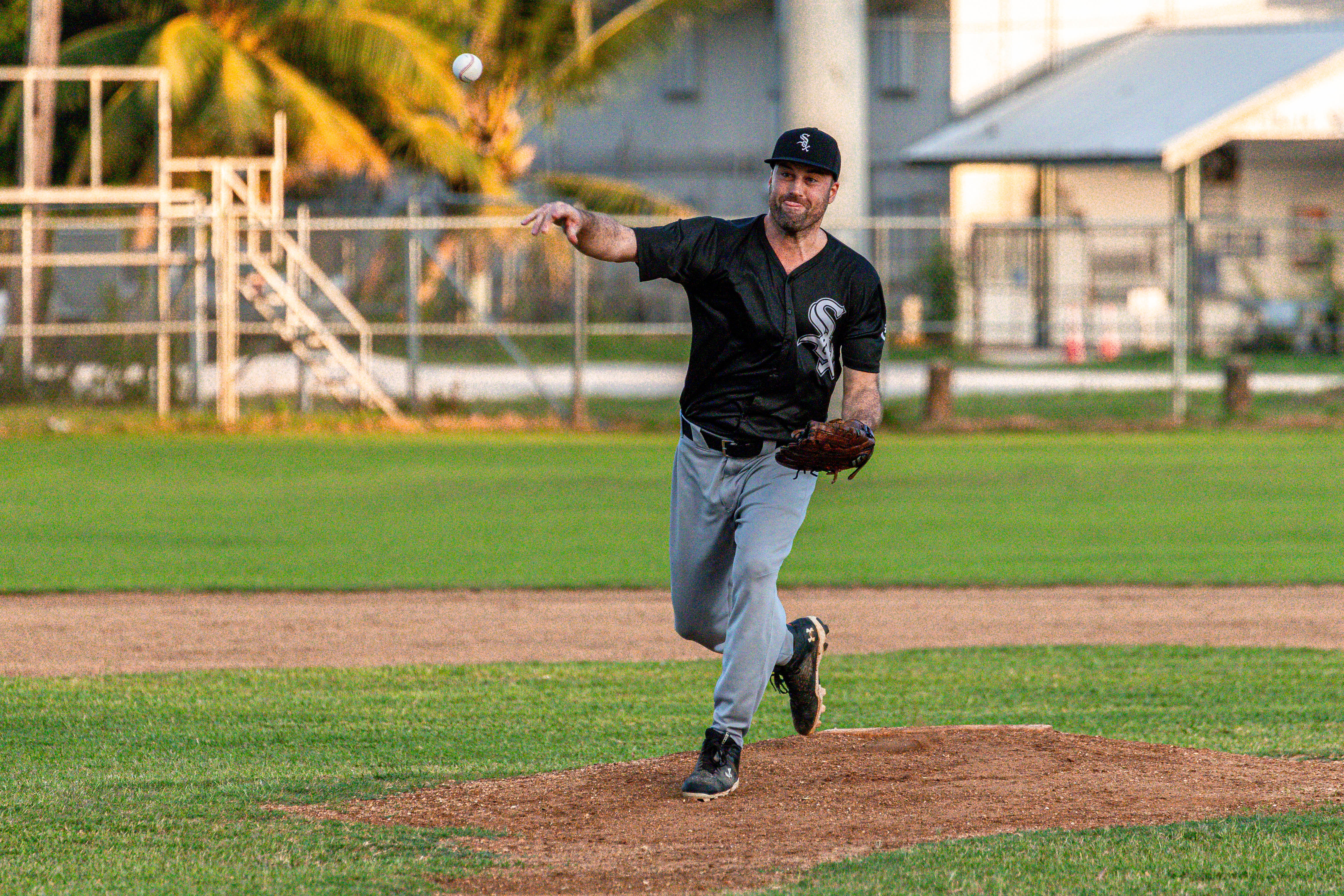The White Sox's Alex Standish pitches against the Padres during a game of the 2024 Tan Holdings Saipan Baseball League at the Francisco "Tan Ko" Palacios Baseball Field on Monday.