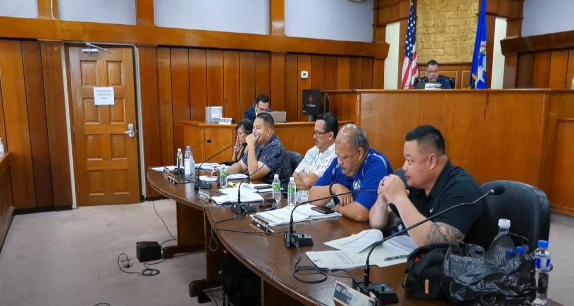 The House Ways and Means Committee conducts a budget hearing at the Tinian court house on Wednesday.