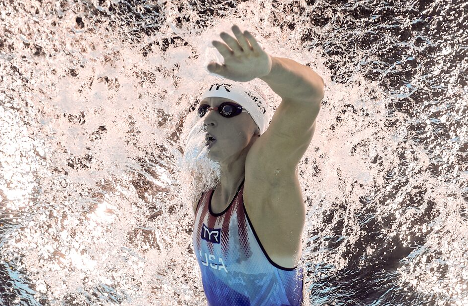 Katie Ledecky of United States in action in the Paris Olympics Women's 1500m Freestyle Heats at Paris La Defense Arena, Nanterre, France, July 30, 2024.