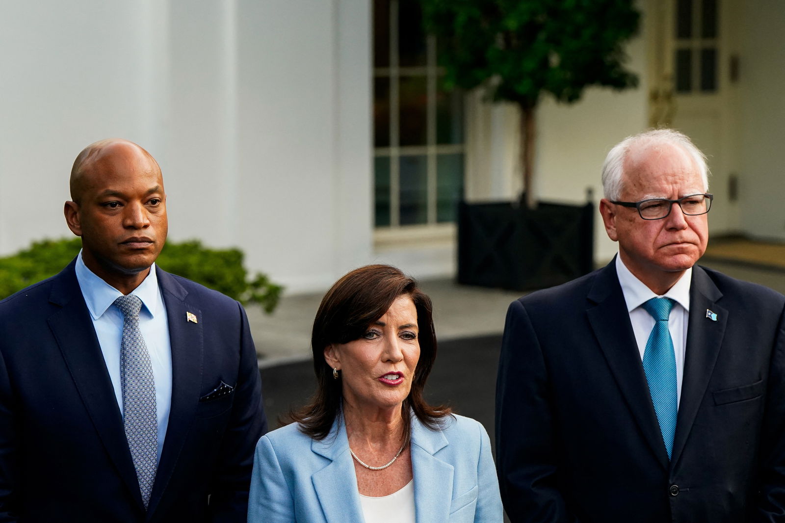New York Governor Kathy Hochul speaks to the press with Maryland Governor Wes Moore and Minnesota Governor Tim Walz after attending a meeting with President Joe Biden and other Democratic governors at the White House in Washington, D.C., July 3, 2024.