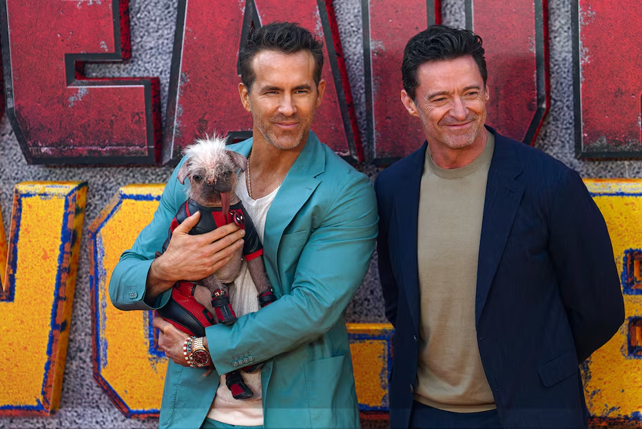 Hugh Jackman, Ryan Reynolds and Peggy the dog attend a “Deadpool & Wolverine” UK sneak peek event in London, Britain, July 11, 2024.