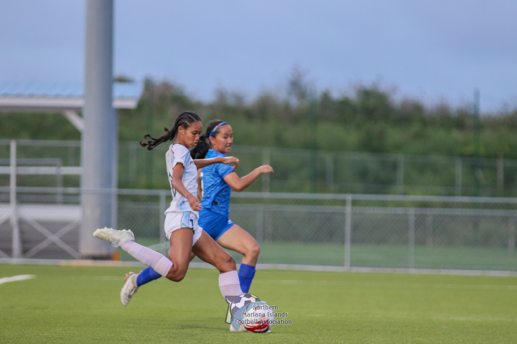 The NMI's Tamia Kileleman-Hix winds up for the shot during their second match against Mongolia in the NMIFA U21 Women's Three Nations Cup 2024 at the NMI Soccer Training Center in Koblerville on Friday.