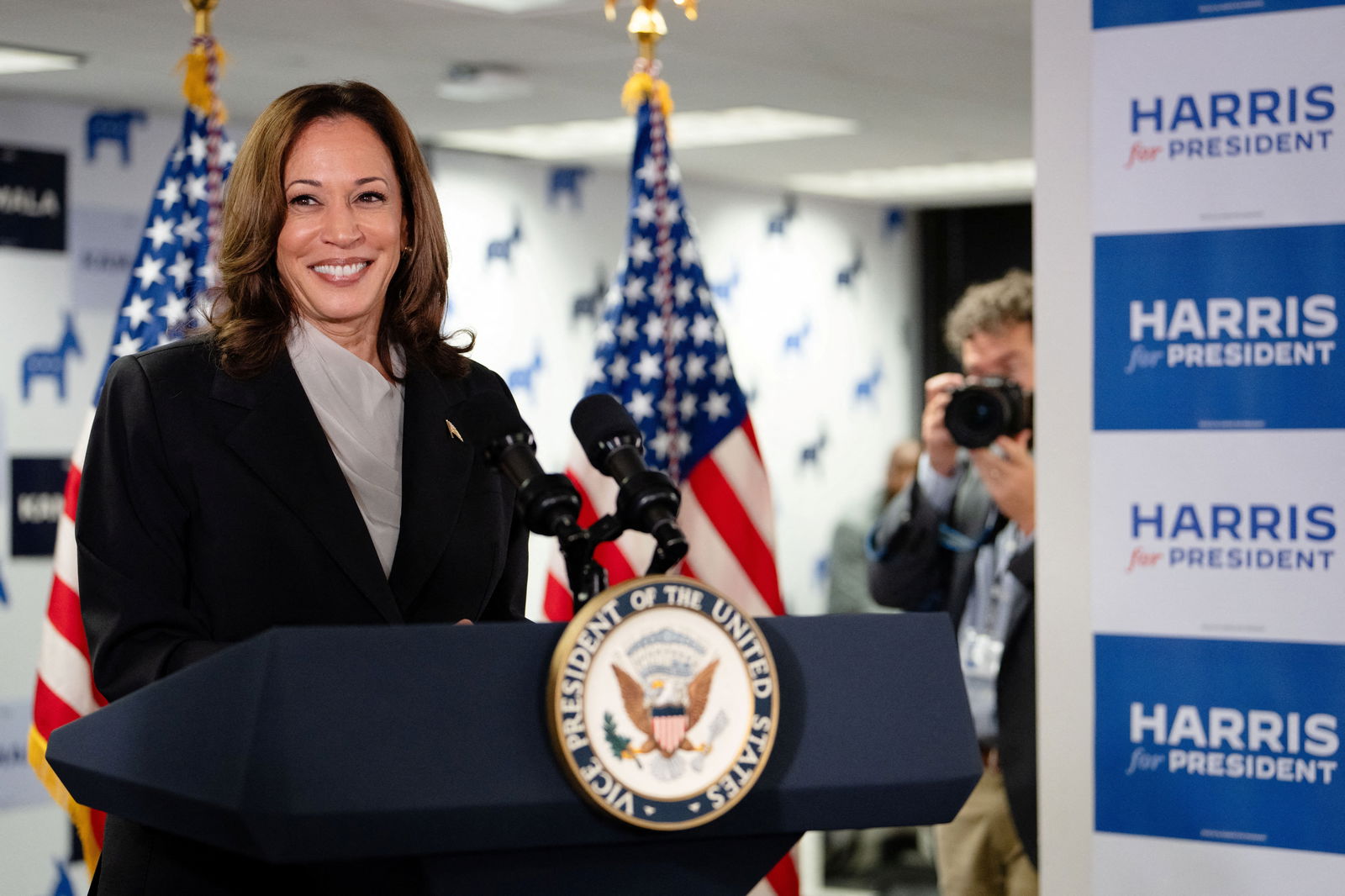 Vice President Kamala Harris speaks at her presidential campaign headquarters in Wilmington, Delaware, July 22, 2024.