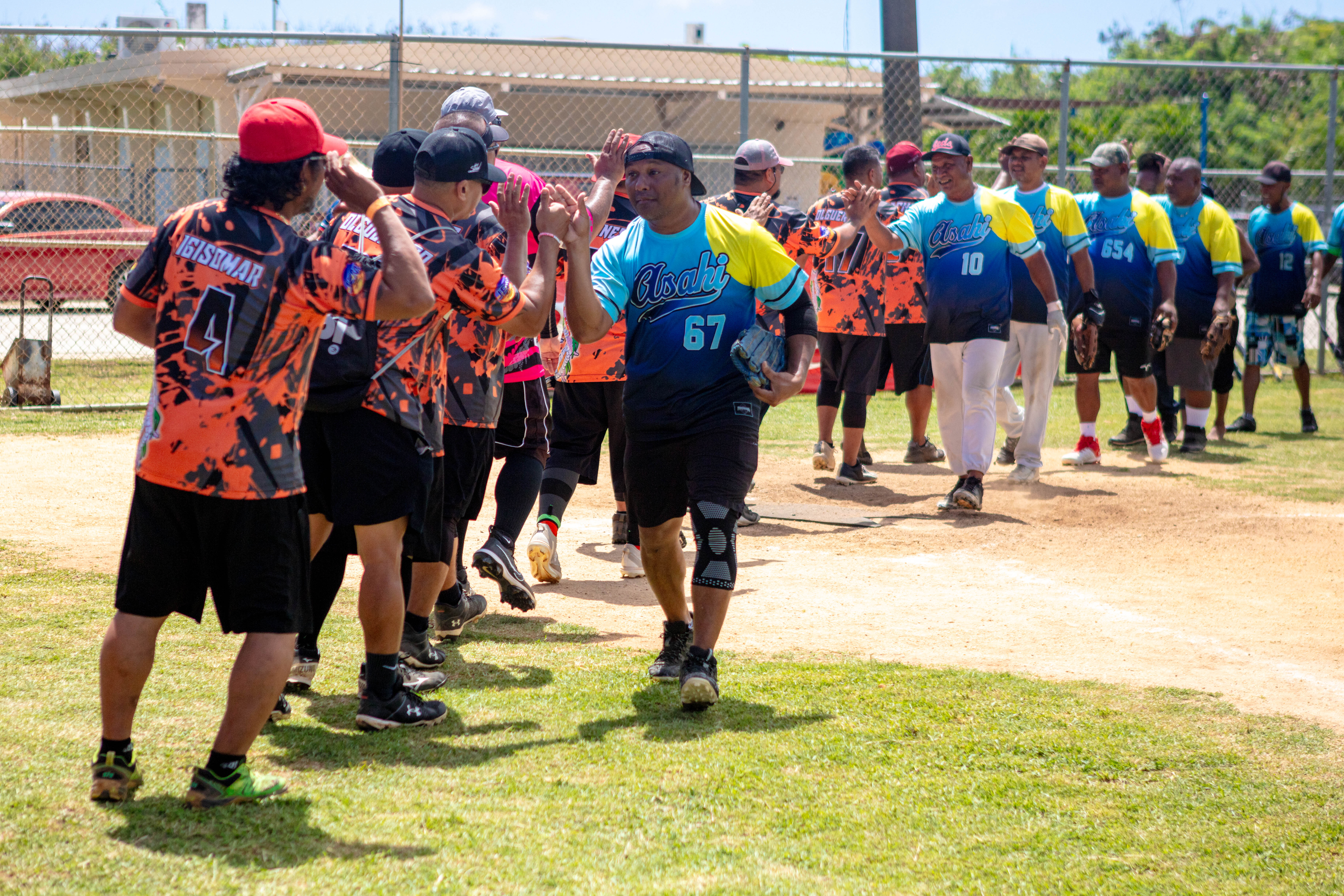Both teams' players shake hands and show good sportsmanship after a tough series.