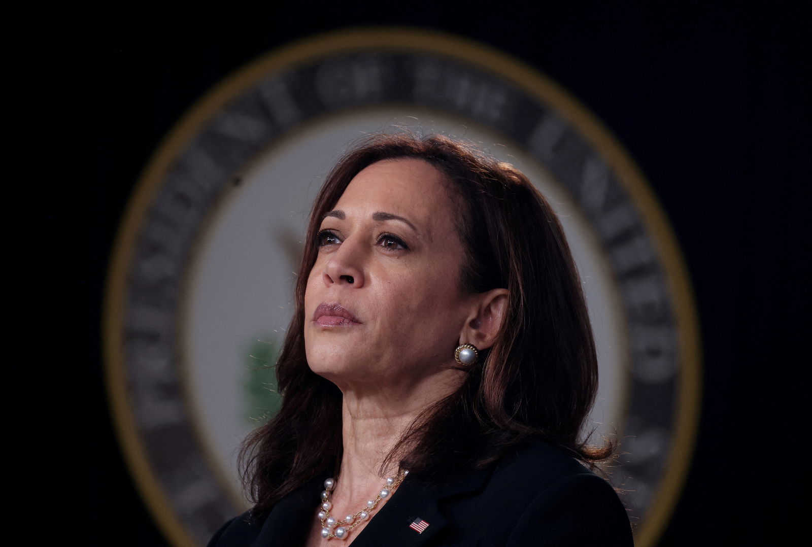 Vice President Kamala Harris attends an infrastructure event addressing high speed internet in the Eisenhower Executive Office Building's South Court Auditorium at the White House in Washington, D.C., June 3, 2021.