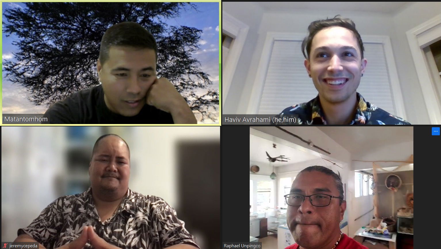 Clockwise from top left, Dietrix Duhaylonsod, Haviv Avrahami, Jeremy Cepeda, and Ralphy Unpingco meet to help Avrahami conduct cultural research.