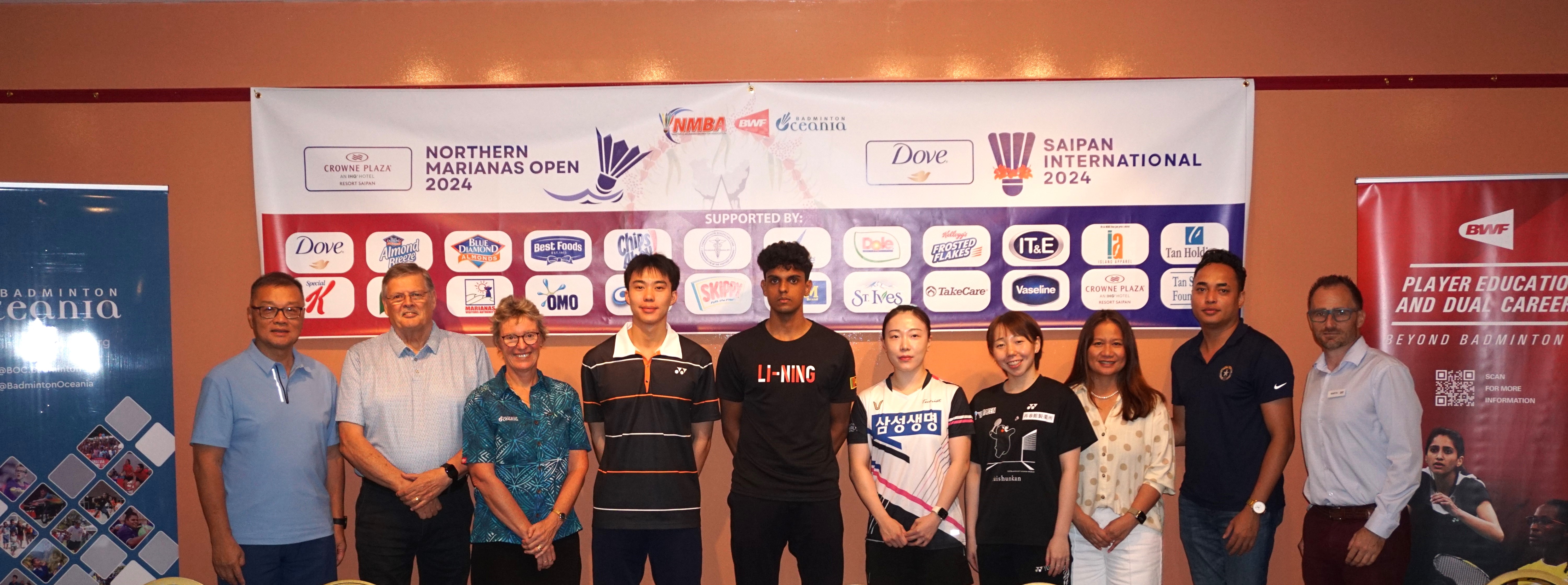 Northern Marianas Sports Association President Jerry Tan, D&Q Resident Manager Max Kretzers, Badminton Oceania CEO Julie Carrel, Edward Lau of New Zealand, Viren Nettasinghe of Sri Lanka, Kim Hye Jeong of Korea, Riko Gunji of Japan, Northern Marianas Badminton Association President Merlie Tolentino, Nate Guerrero of the CNMI, and Crowne Plaza Resort Saipan Resort Manager Martin Jambor pose for a photo after a press conference to discuss the Crowne Plaza Marianas Open 2024 and the Dove Saipan International 2024 badminton tournaments in the Azucena Hall of Crowne Plaza Resort Saipan on Monday.
