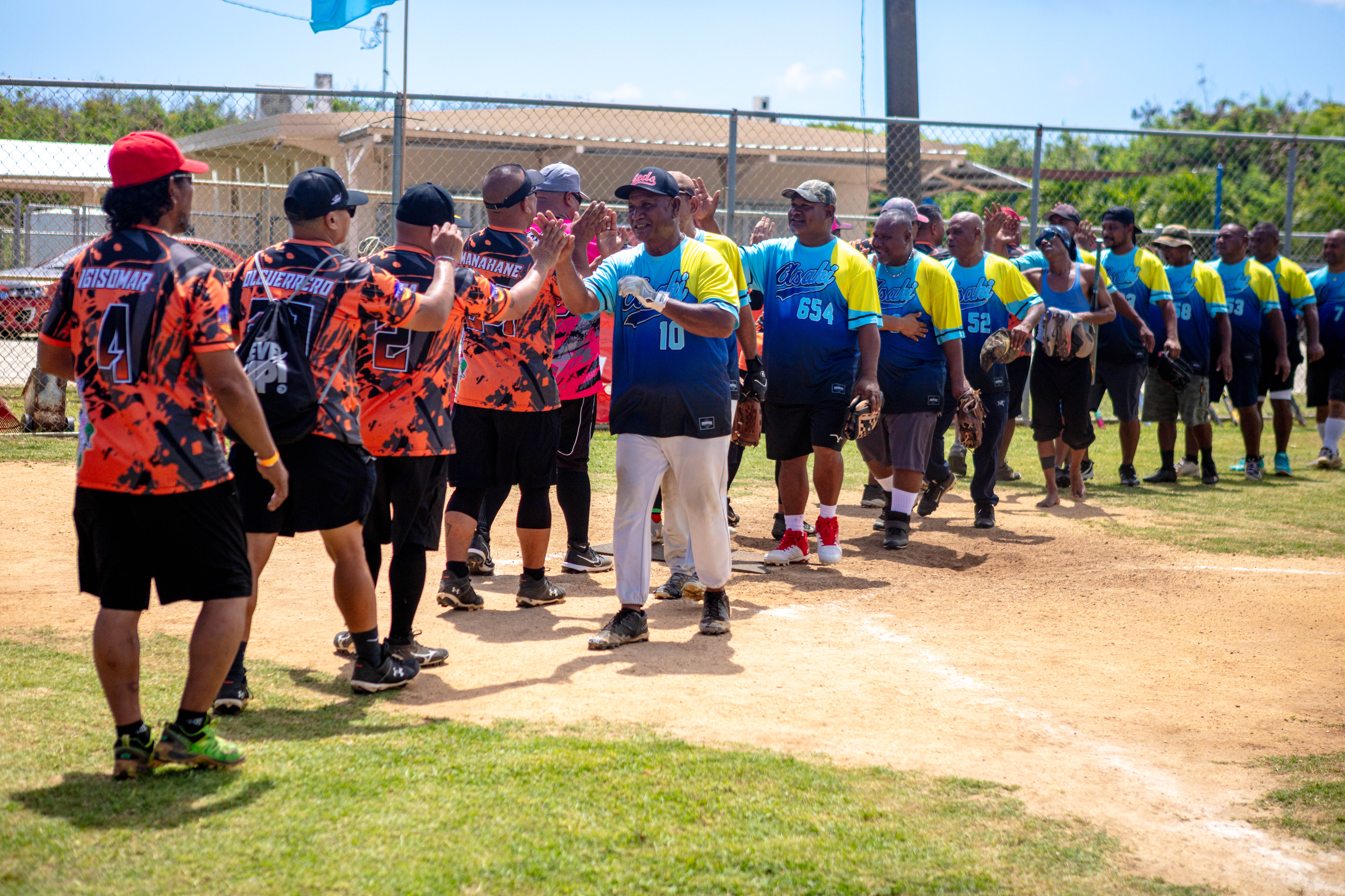 Both teams' players shaking hands and showing good sportsmanship after a tough series.