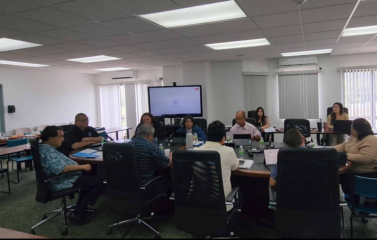 Commonwealth Utilities Corp. board members attend a special meeting on Thursday: Donald Browne, Rebecca White, Francisco Rabauliman, Simon Sanchez Valerie Atalig, Rufo Mafnas, and Janice Tenorio, the board chair. Also in the photo are CUC human resources manager Frank Matsunaga, CUC Executive Director Kevin Watson, and CUC legal counsel Tina Noh.