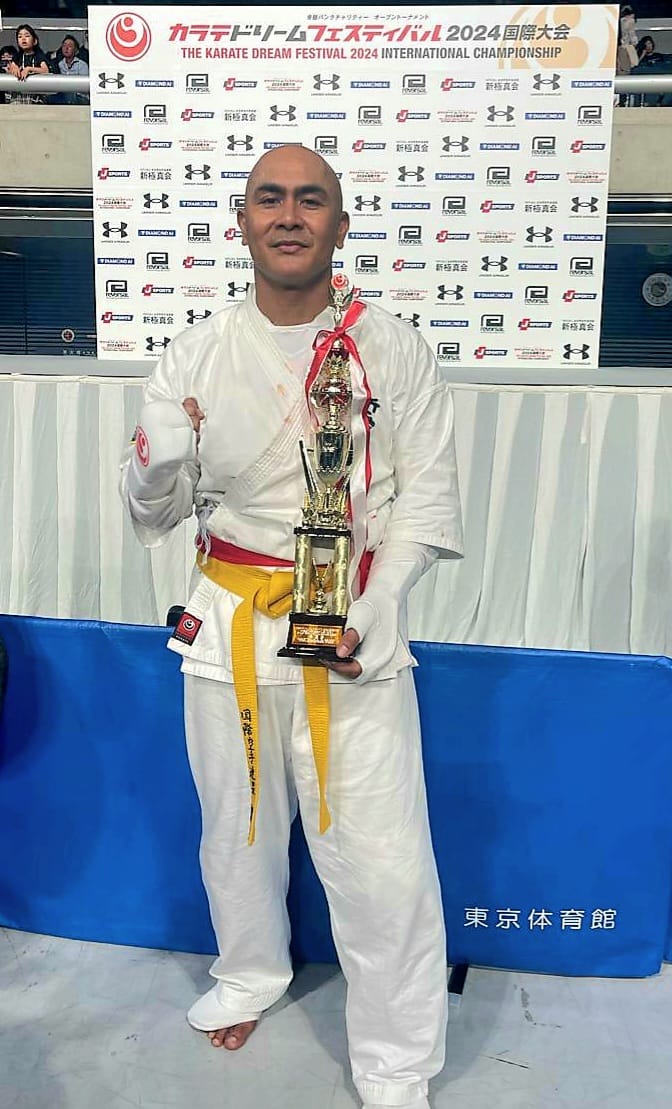 Jerry Diaz poses with the second-place trophy in the yellow belt senior rookie division of the Karate Dream Festival 2024 International Championship held from July 20 to 21 in Tokyo, Japan.