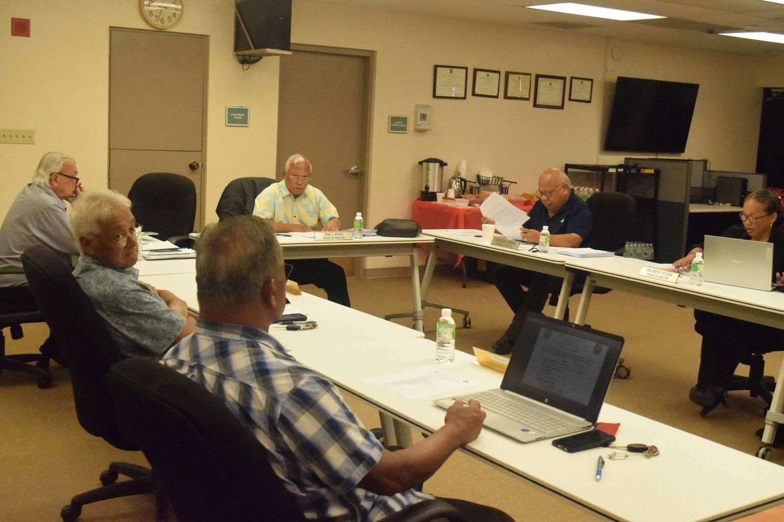 Commonwealth Ports Authority Board Chair Jose C. Ayuyu, center, speaks during a meeting on Friday last week. Also in the photo are board Vice Chair Antonio Cabrera, Executive Director Leo Tudela, board members Dolores Kiyoshi, Thomas Villagomez and Ramon Tebuteb.