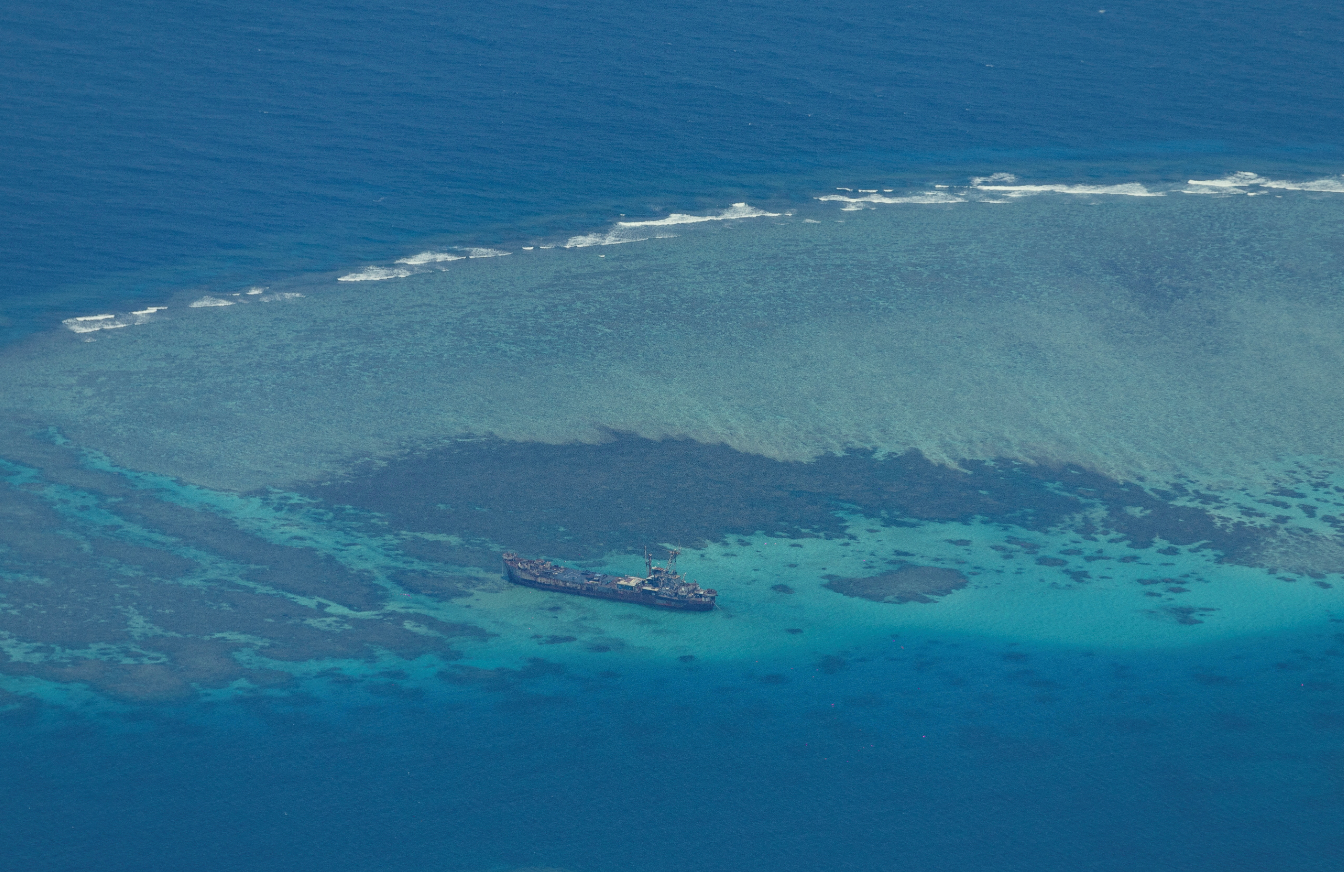 An aerial view shows the BRP Sierra Madre on the contested Second Thomas Shoal, locally known as Ayungin, in the South China Sea, March 9, 2023.