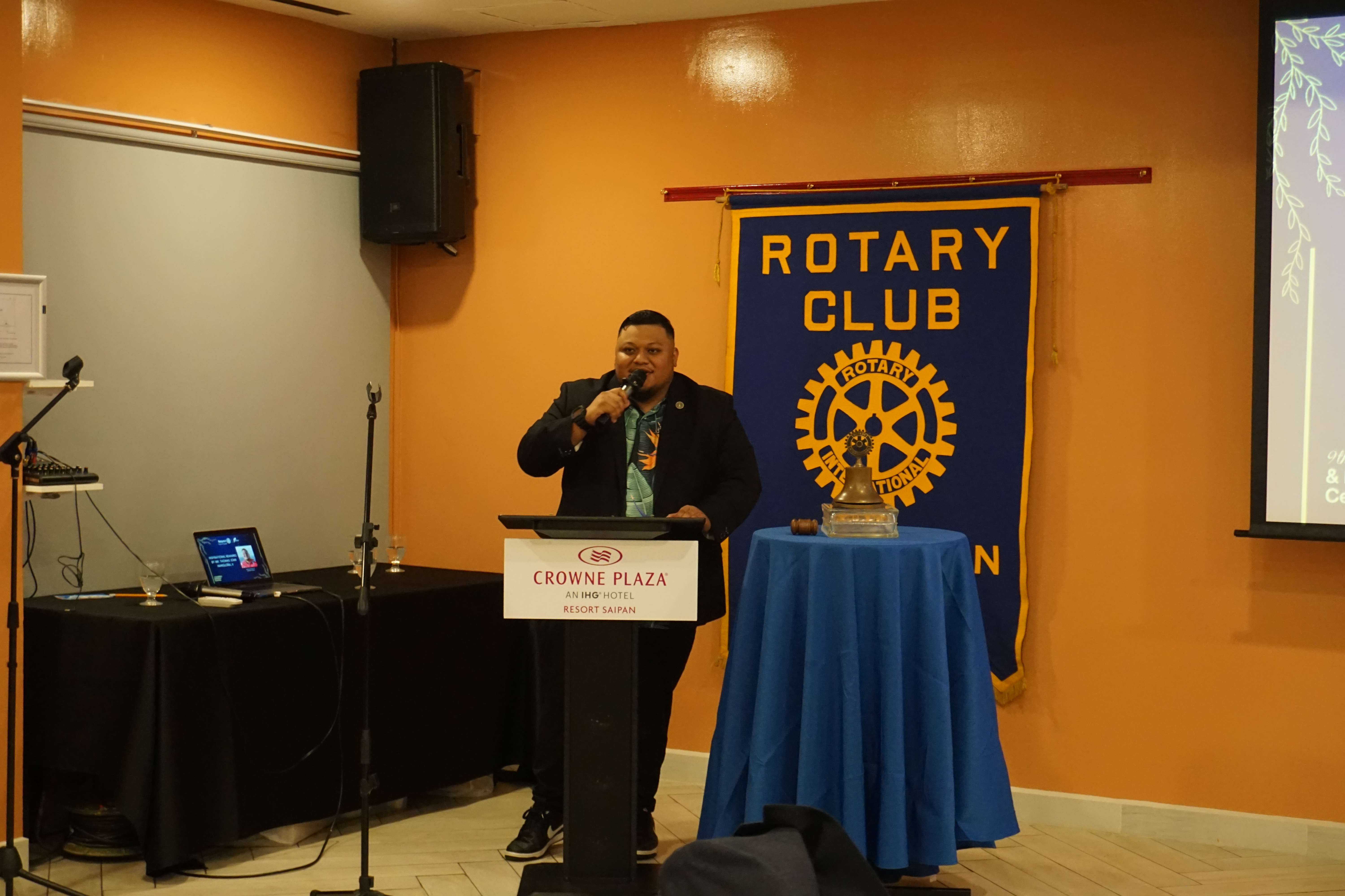 Precinct 5 Rep. TJ Manglona delivers inspirational remarks at the Rotaract Club of Saipan's installation ceremony​.
