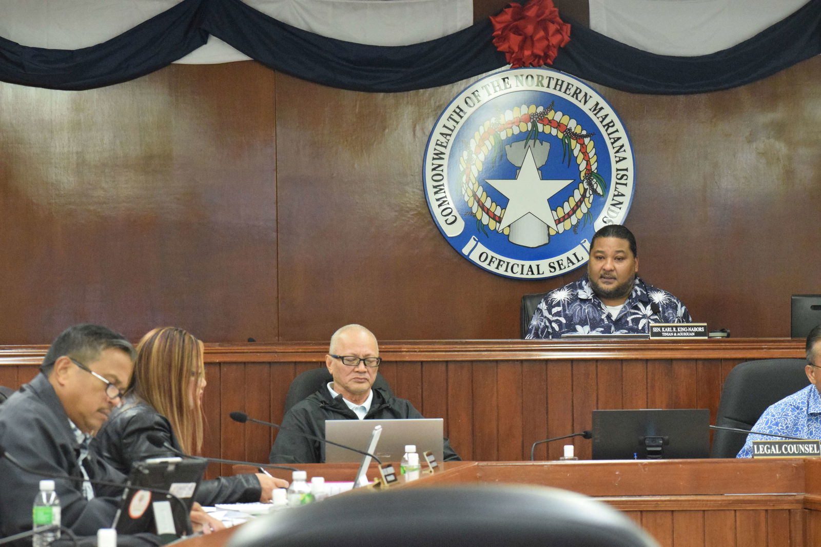 Sen. Karl King-Nabors presides over a meeting on Monday of the Senate Special Committee on the $225 million in American Rescue Plan Act funds deposited in the Bank of Guam.