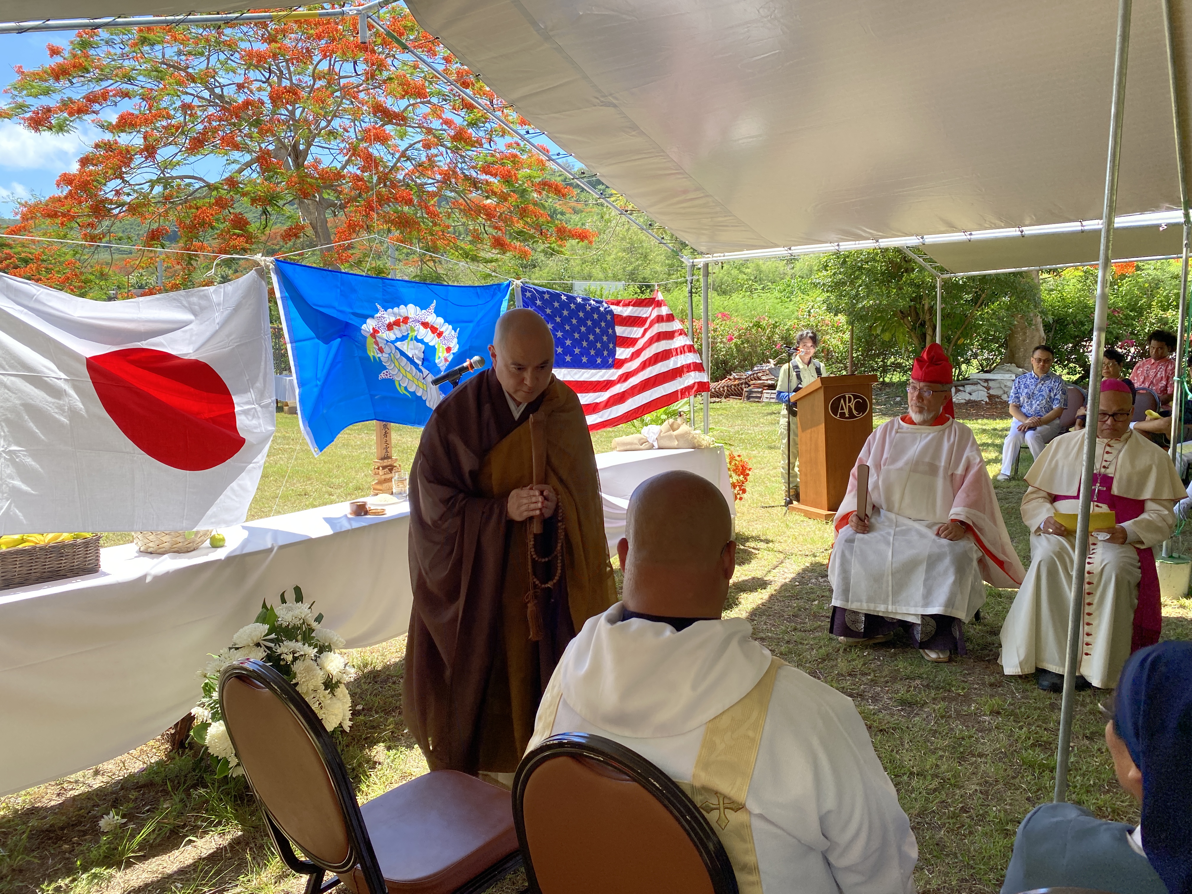 A Buddhist priest participates in the ecumenical prayer service organized by Kuentai USA to honor Japanese and American war dead on the 80th anniversary of the last Banzai charge of the Battle of Saipan.