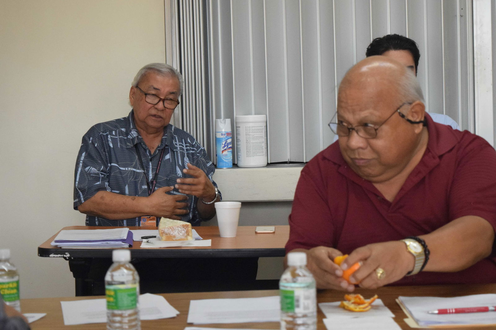 Commonwealth Ports Authority Executive Director Leo Tudela, left, speaks as CPA Board Vice Chairman Antonio Cabrera listens during a meeting on Thursday.