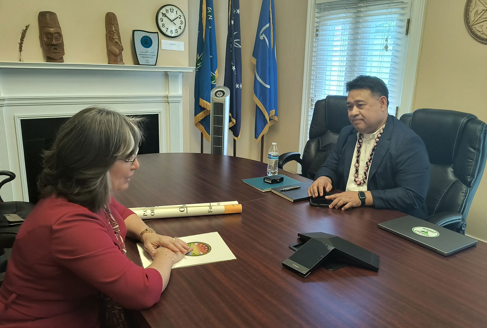 Interior’s Assistant Secretary for Insular and International Affairs Carmen G. Cantor with Federated States of Micronesia Ambassador Jackson Soram,