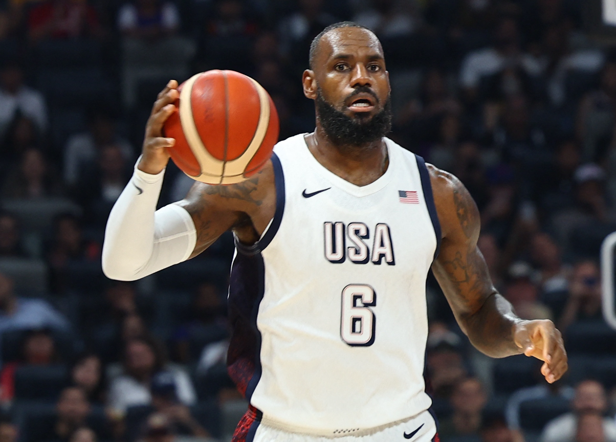 LeBron James of the U.S. in action against Serbia at the Etihad Arena in Abu Dhabi, United Arab Emirates on July 17, 2024.