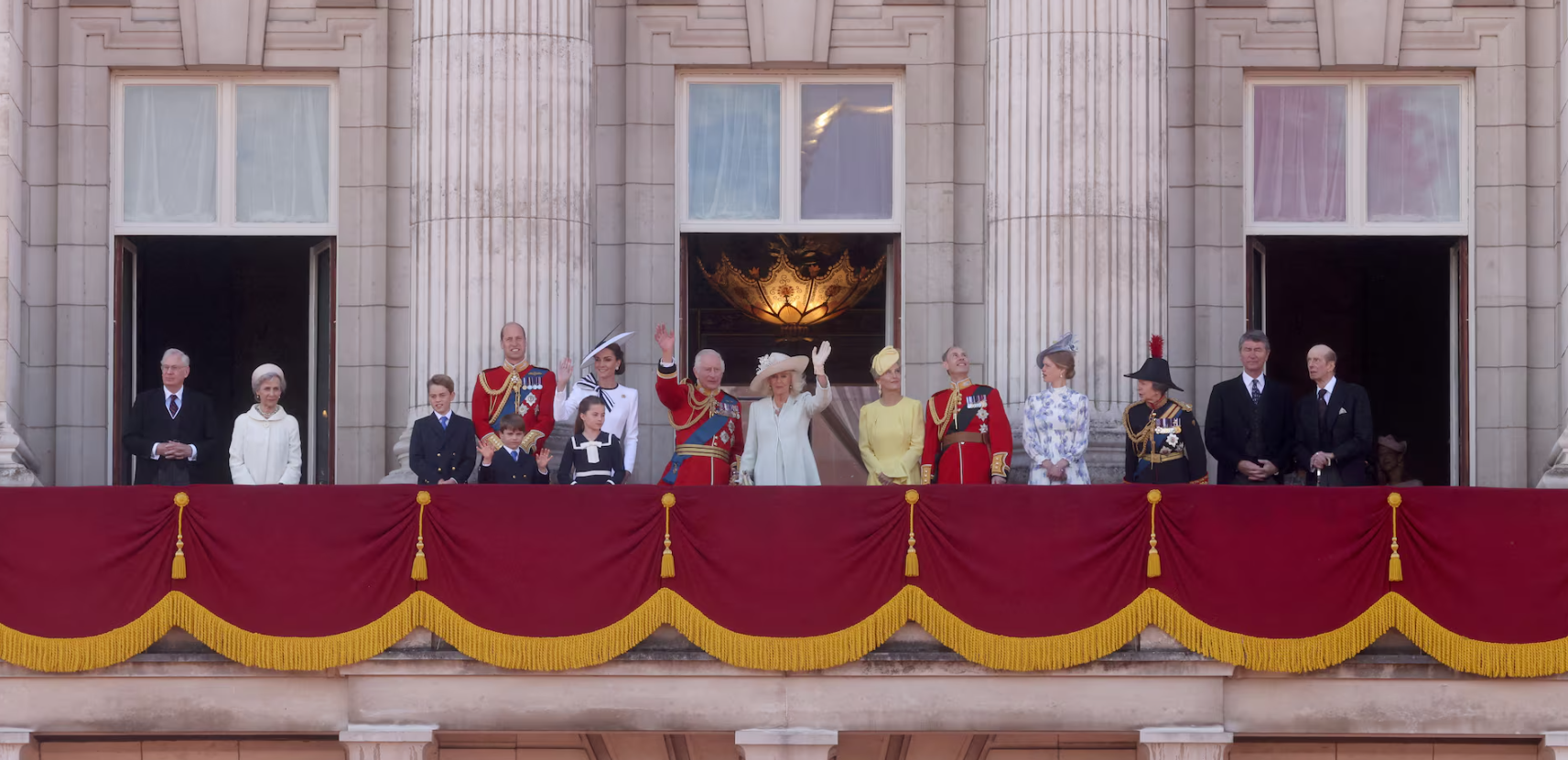 Britain's King Charles, Queen Camilla, William, Prince of Wales, Catherine, Princess of Wales, Prince George, Princess Charlotte, Prince Louis, Prince Richard, Duke of Gloucester, Birgitte, Duchess of Gloucester, Sophie, Duchess of Edinburgh, Prince Edward, Duke of Edinburgh, Lady Louise Windsor, Anne, Princess Royal, Vice Admiral Timothy Laurence and Prince Edward, Duke of Kent appear on the balcony of Buckingham Palace as part of the Trooping the Color parade to honor Britain's King Charles on his official birthday in London, Britain, June 15, 2024.