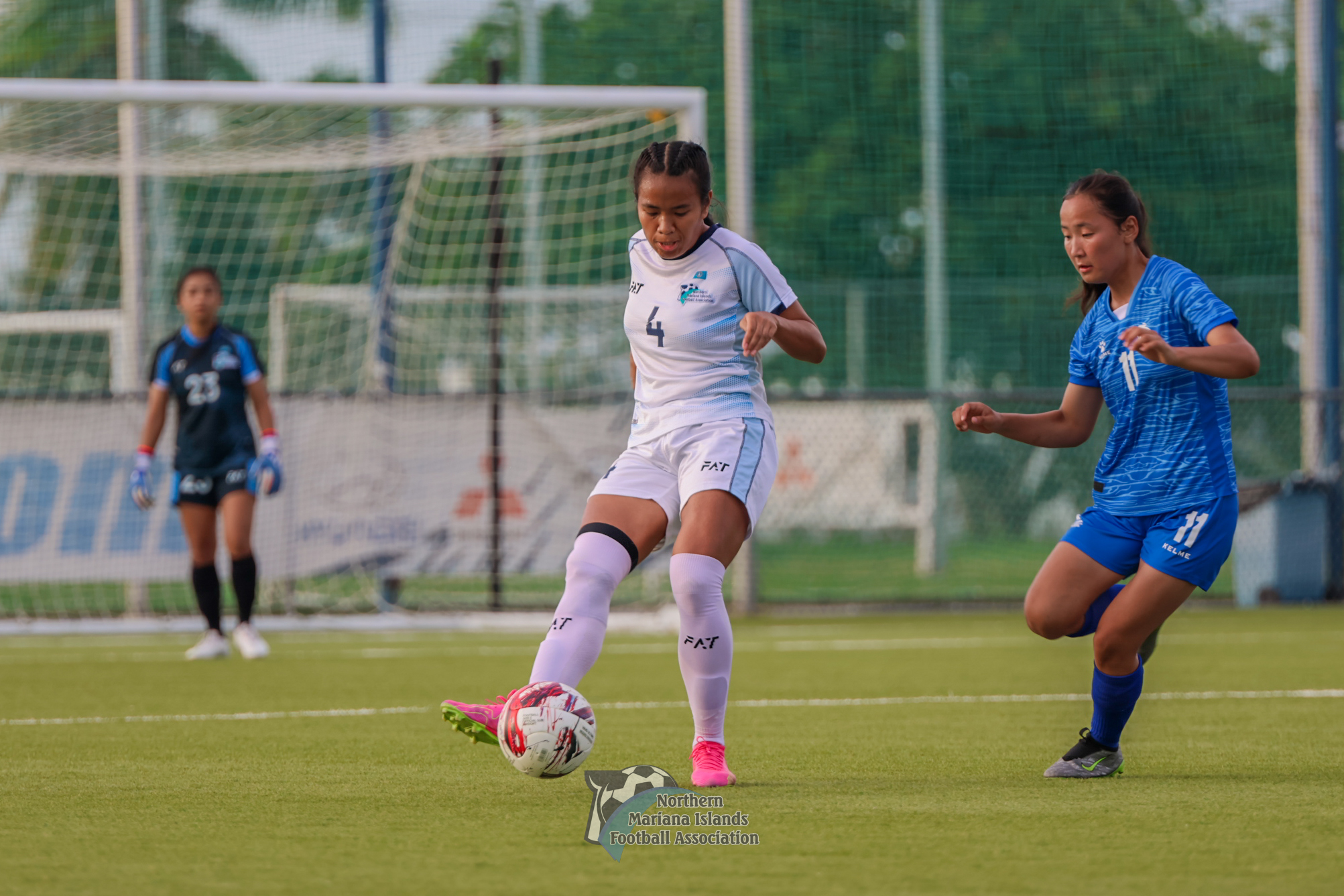 The NMI's Dianne Pablo attempts a lead pass during their second match against Mongolia in the NMIFA U21 Women's Three Nations Cup 2024 at the NMI Soccer Training Center in Koblerville on Friday.