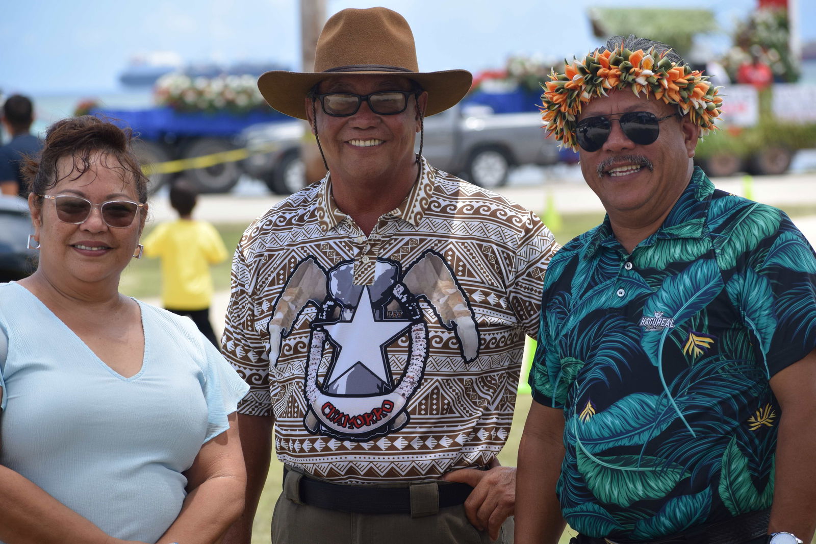 Tinian Mayor Edwin P. Aldan, right, poses with Saipan Mayor Ramon Blas RB Camacho and Sen. Celina Babauta during the Liberation Day parade at Garapan Fishing Base on Thursday, July 4, 2024.