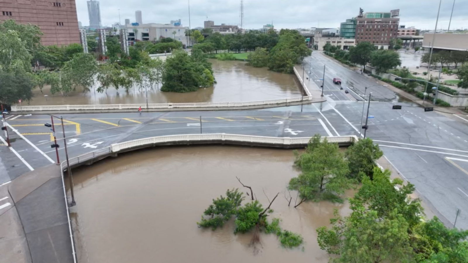 A drone view shows a flooded area, in the aftermath of Hurricane Beryl, in Houston, Texas, July 8, 2024, in this screen grab taken from a social media video.