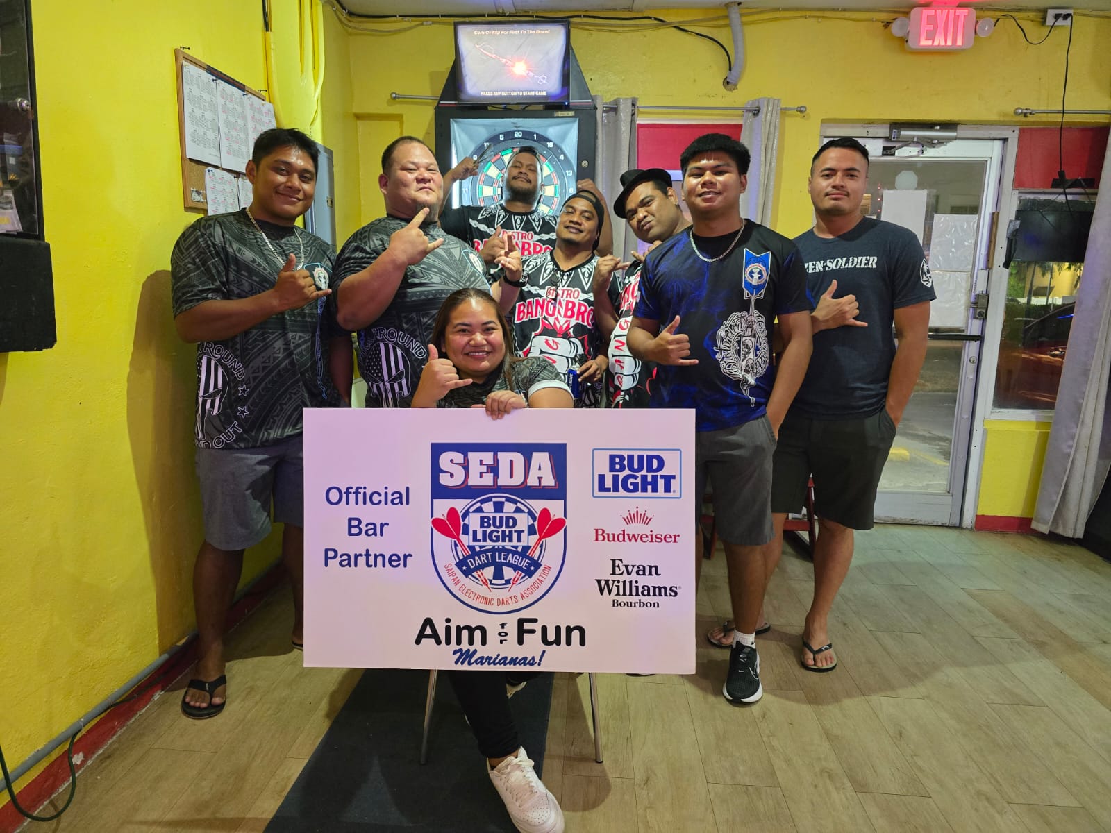 Tambayan Distorted B and Bistro Bang Bros pose for a photo after their game in the Thursday B "Fanihi" division of the 2024 SEDA Bud Light Dart League at the Tambayan Restobar.