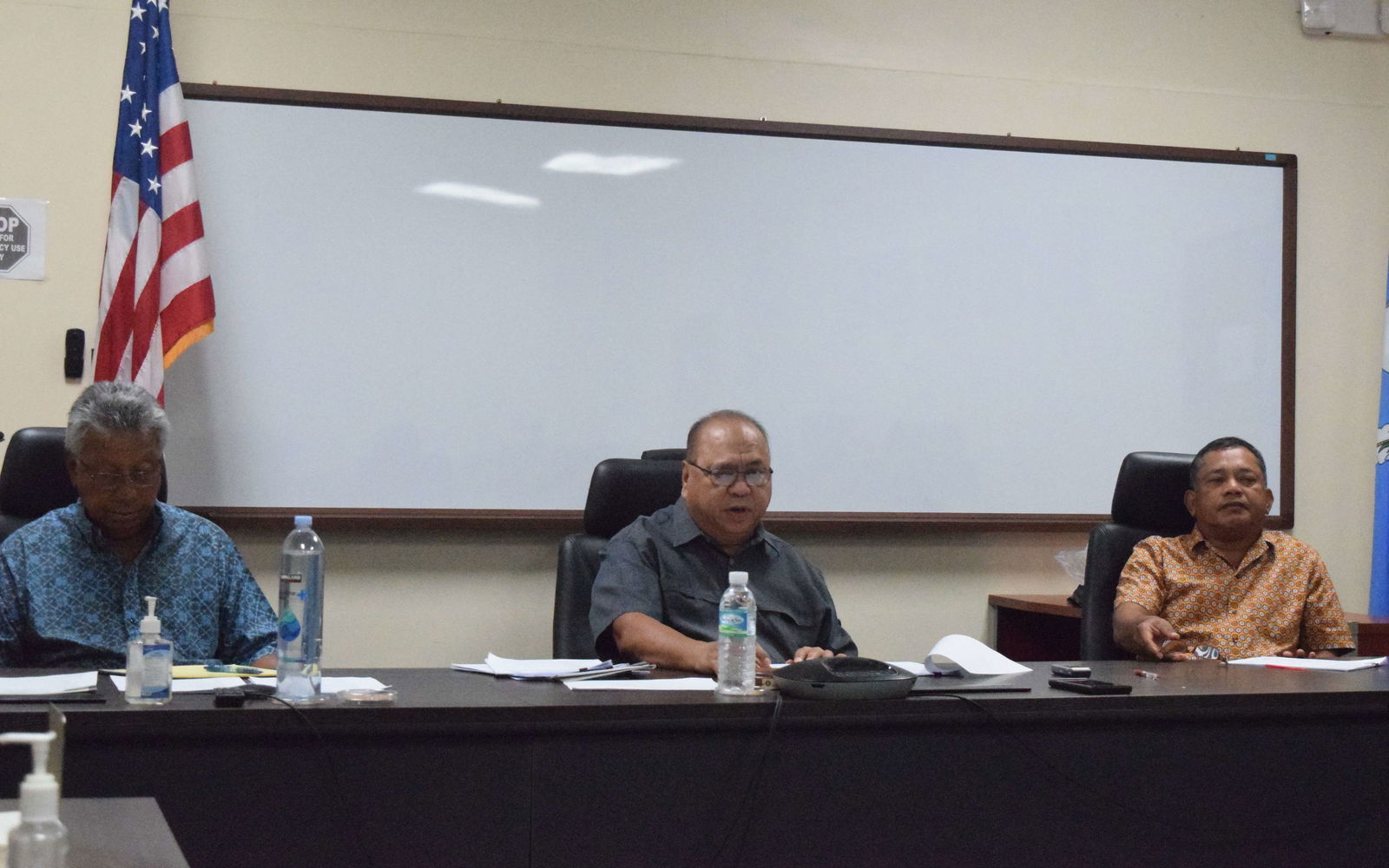 From left, Commonwealth Casino Commissioner Mario Taitano, Chairman Edward C. Deleon Guerrero and Vice Chairman Ralph S. Demapan conduct a meeting in the commission’s conference room in Gualo Rai on Thursday.