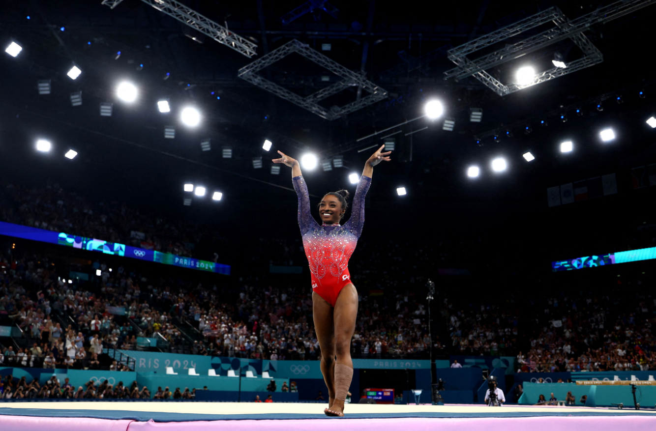 Simone Biles of the United States smiles during the women's floor exercise final at Bercy Arena, Paris, France, Aug. 5, 2024.