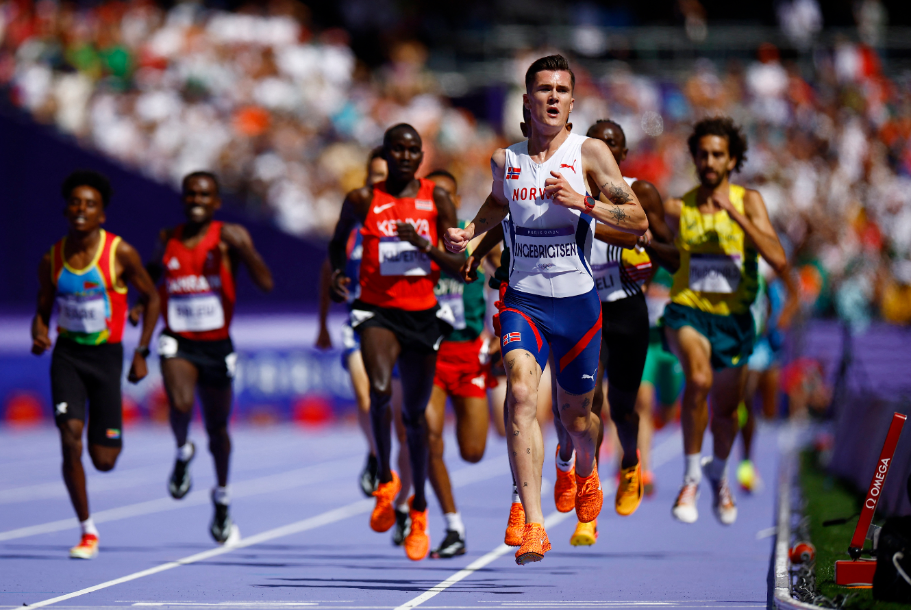 Jakob Ingebrigtsen of Norway in action during heat 2 of the men's 5000m round 1 at Stade de France in Saint-Denis, France, Aug. 7, 2024.