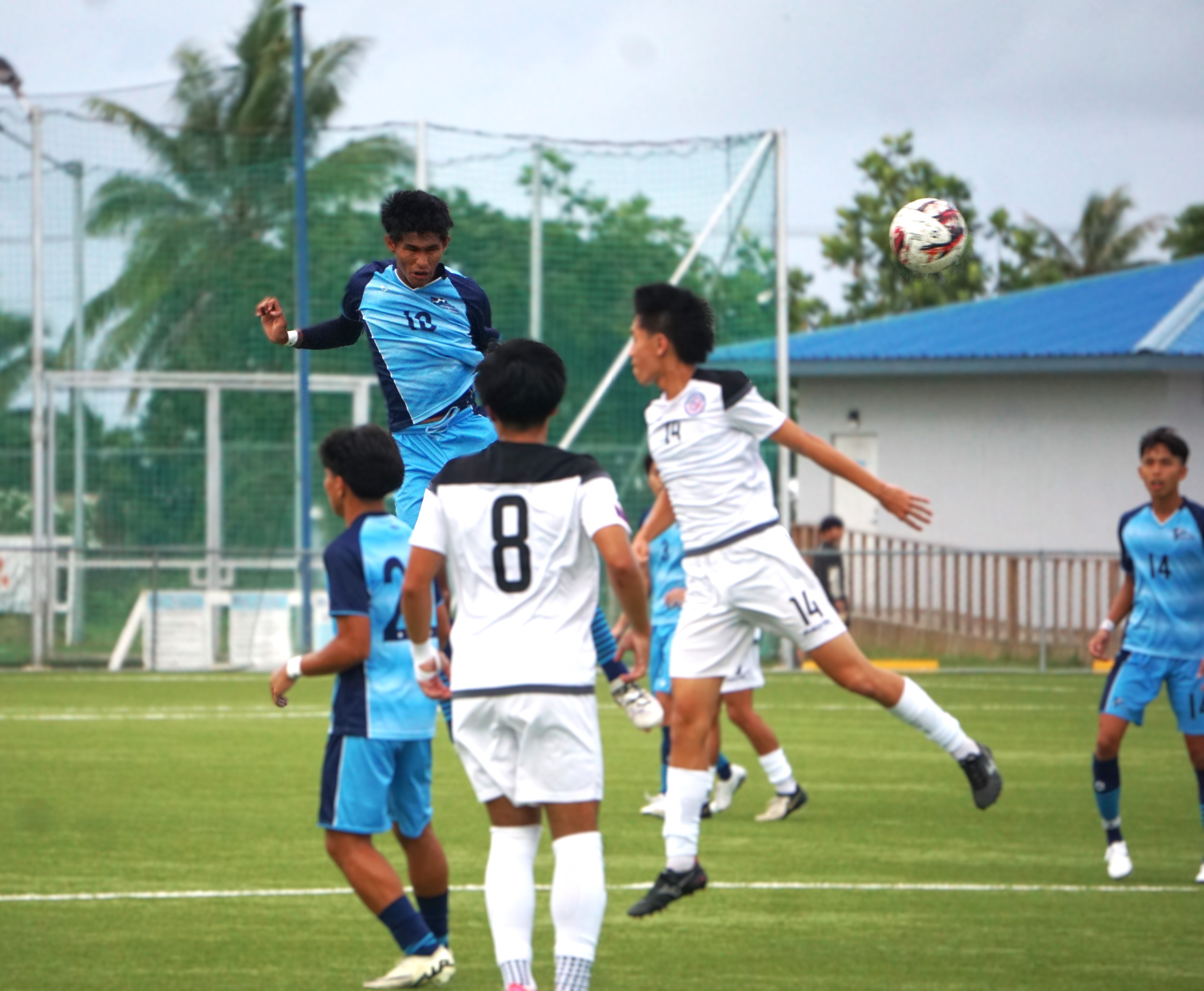 The NMI's Markus Toves connects a header to intercept the play during a game against Guam in the 2024 U20 Men’s Marianas Football Cup at the NMI Soccer Training Center in Koblerville on Saturday. 