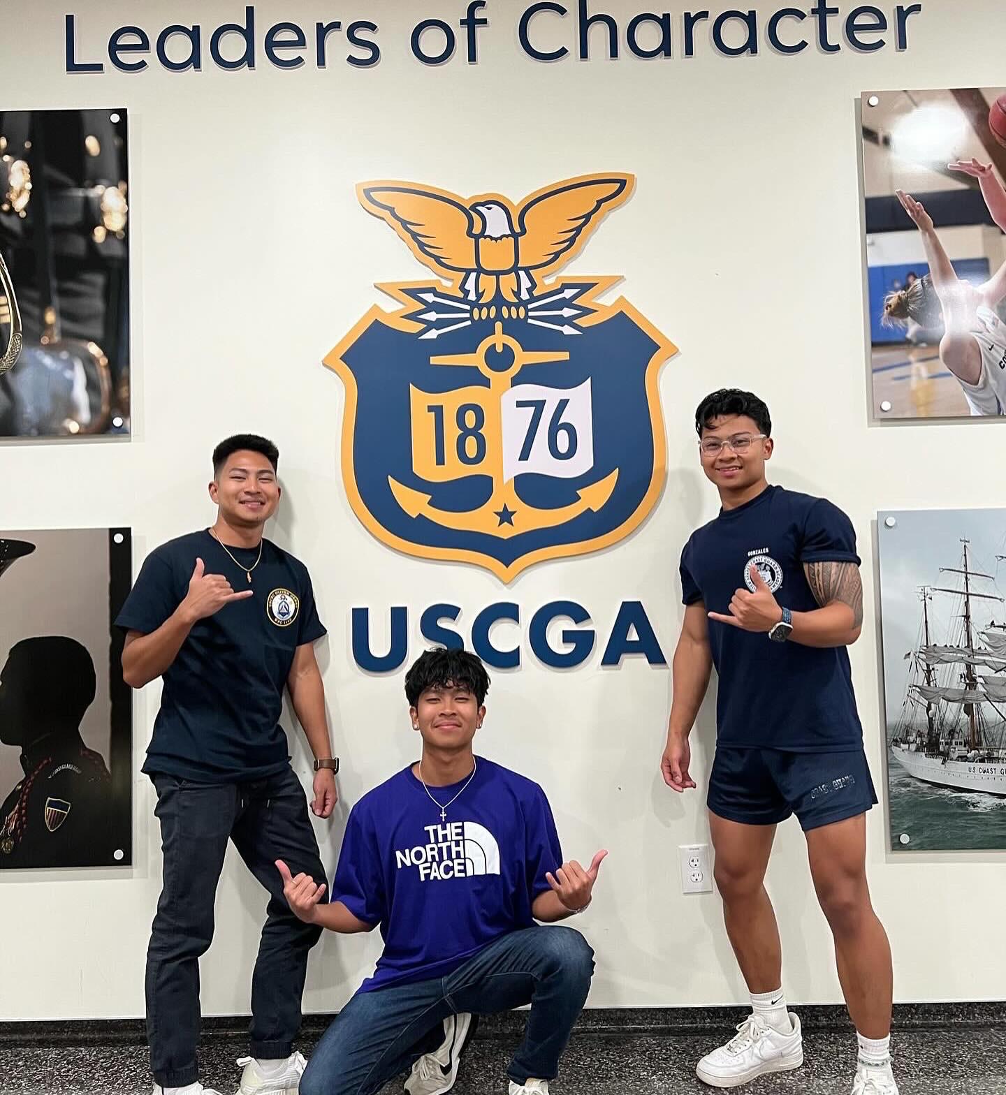 Ensign Genzo Matua (Class of 2024), Kiyokazu Må’gas (Class of 2028) and Seiji Maga’låhi (Class of 2026) at the U.S. Coast Guard Academy.