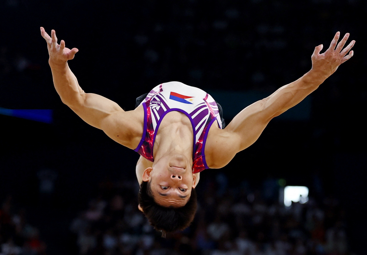 Carlos Edriel Yulo of the Philippines in action during the men’s floor exercise final at Bercy Arena in Paris, France on Aug. 3, 2024.