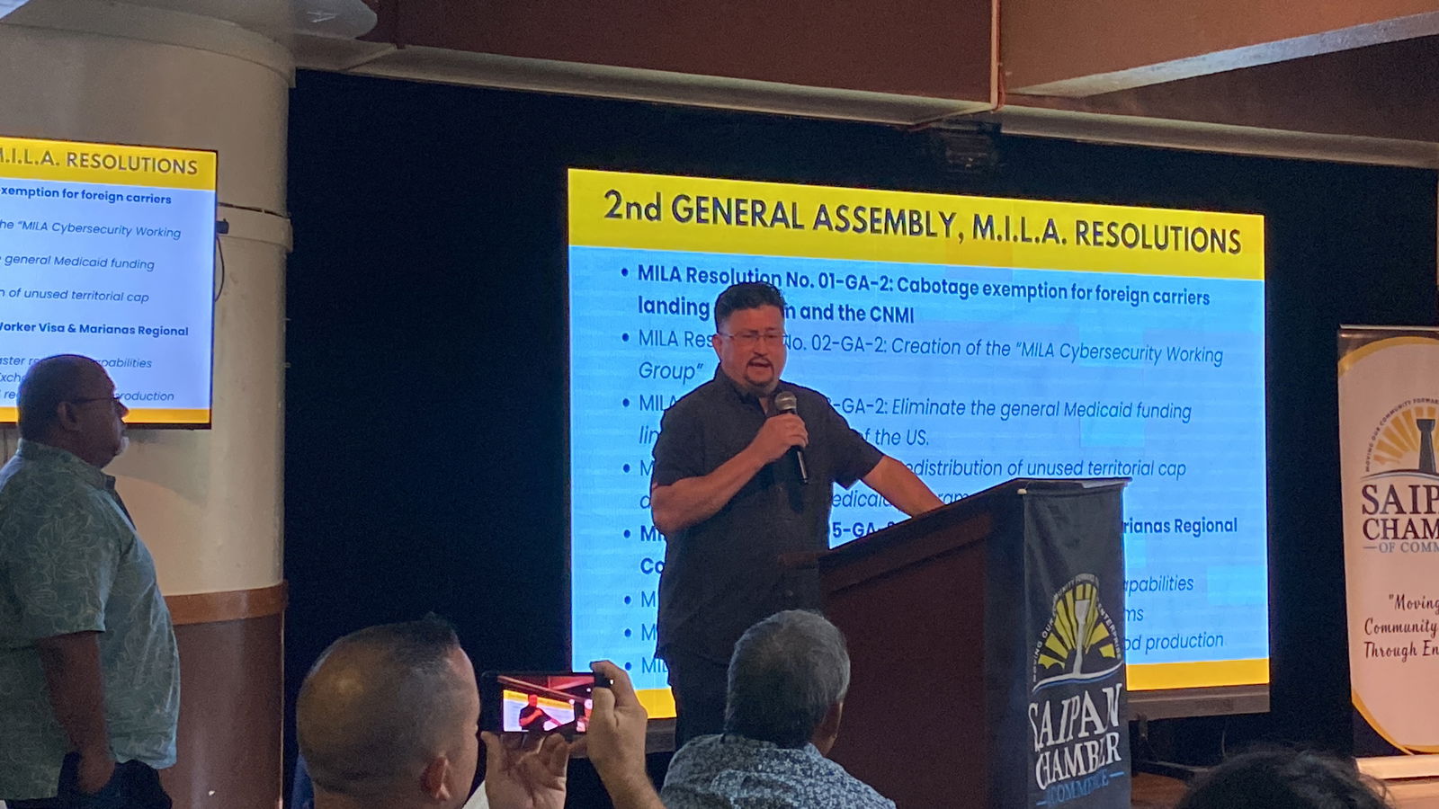 House Floor Leader Edwin Propst speaks at the general membership meeting of the Saipan Chamber of Commerce at the Pacific Islands Club on Wednesday, Aug. 7.  