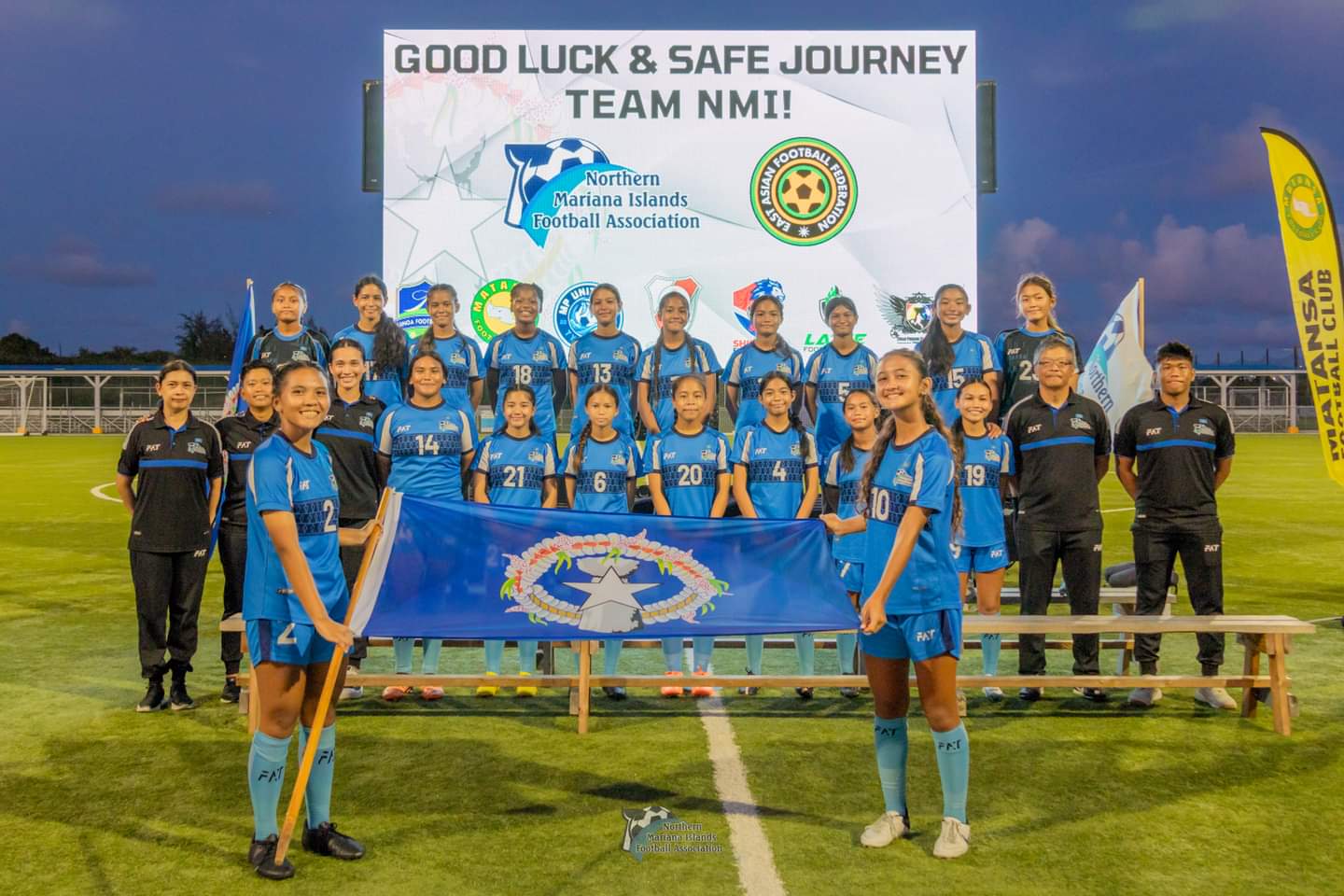The NMI U15 Women's National Team players and officials pose for a photo during a send-off ceremony. The team will compete in the East Asian Football Federation U15 Women’s Championship 2024, which will be held on Aug. 14-24 in Dalian, China.
