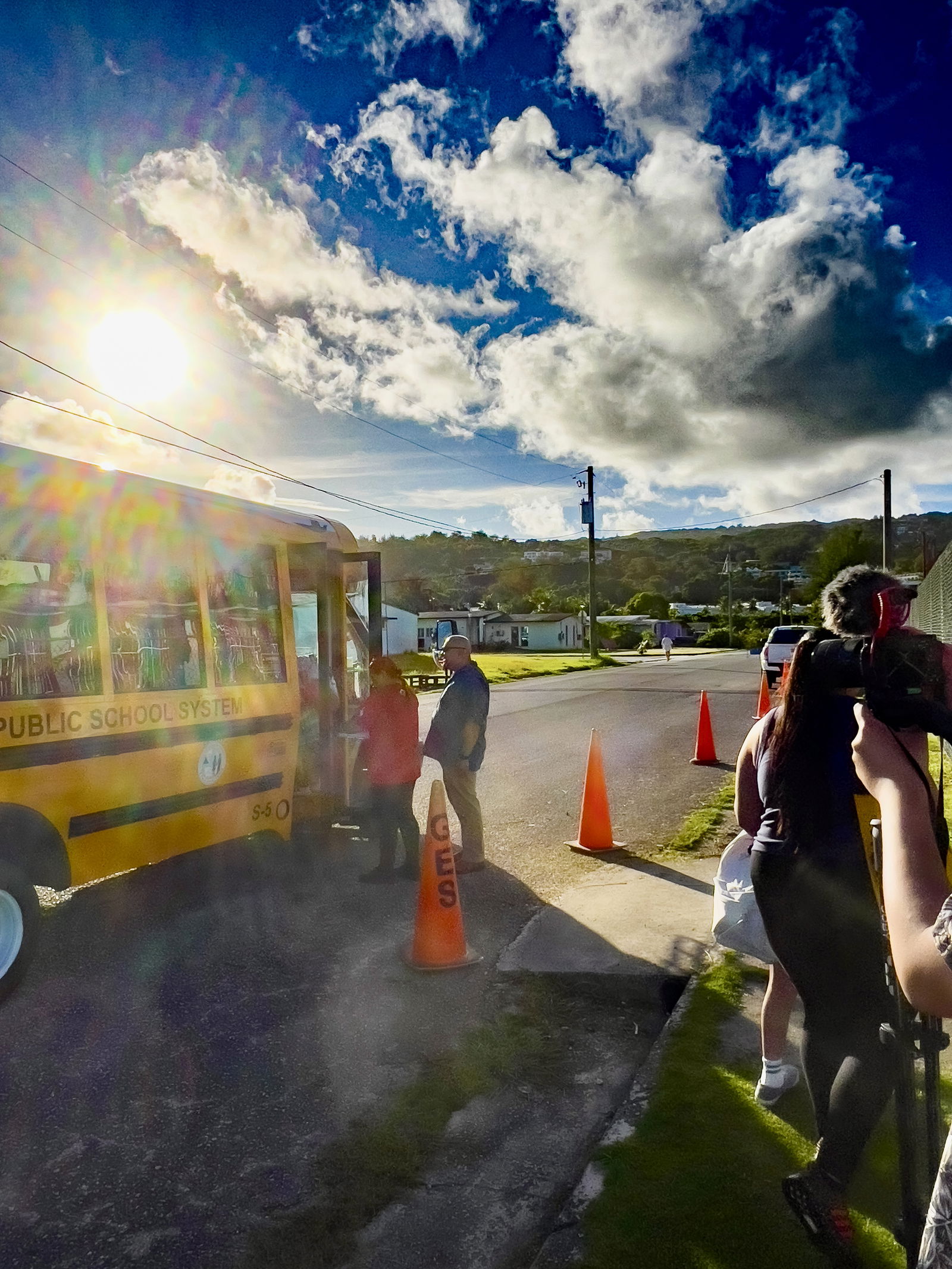 The first group of students was dropped off by PSS S-5 bus in the designated area at the back of Garapan Elementary School at 7:12 a.m., Tuesday. The students arrived on time on the first day of the new school year.